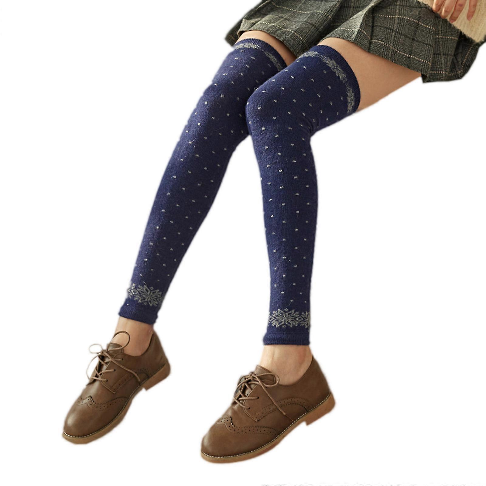 نساء الشتاء فو الصوف طويل الساق تدفئة اليابانية preppy نمط ندفة الثلج نقاط محبوك فوق الركبة الجوارب طالب التزلج الثلجي غطاء القدم الجراميق الأزرق الداكن