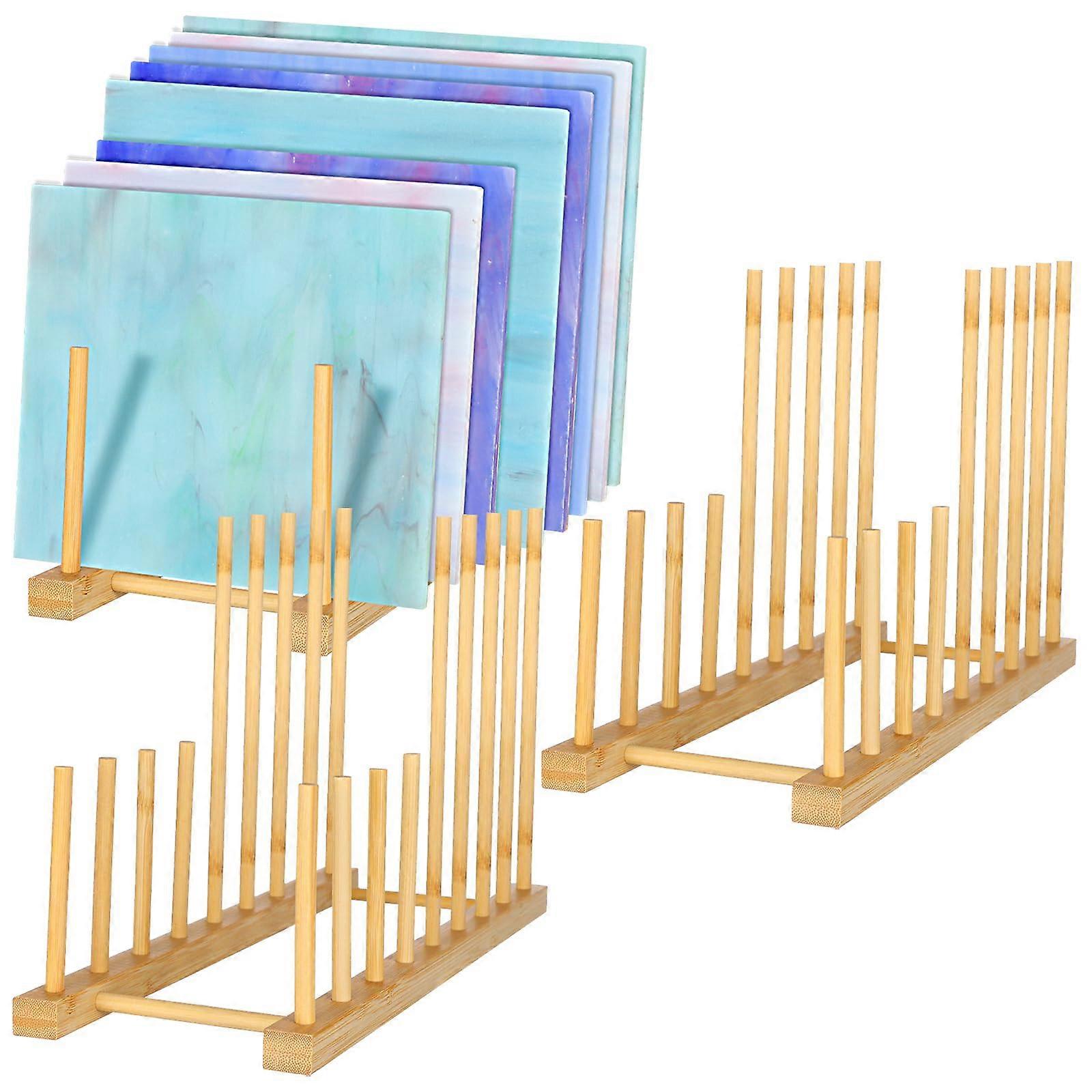 Stained Glass Organizer Bamboo Dish Rack 3 Pack with 8 Slots for Space Saving Storage and Display