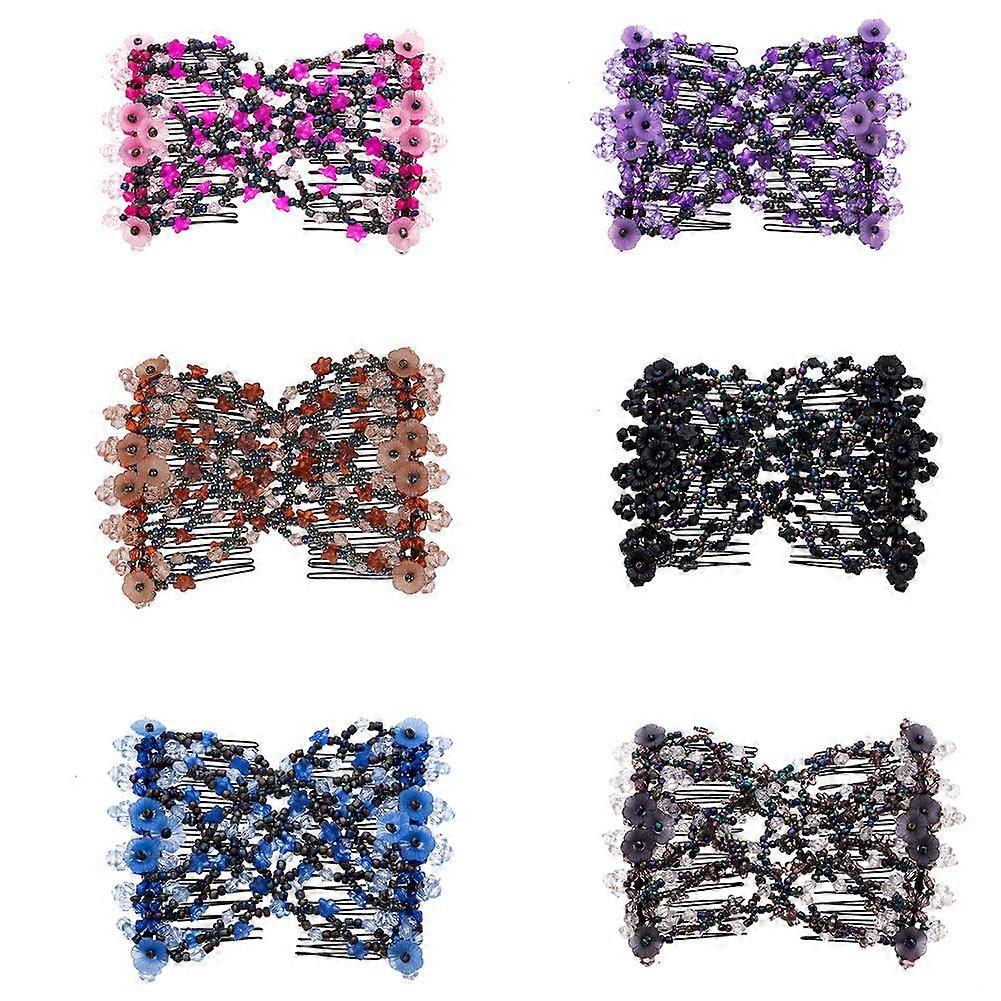 6 Pcs Stretchable Double Combs Medium Hair Clips with Magic Beads Assorted Colors and Designs for Effortless Styling