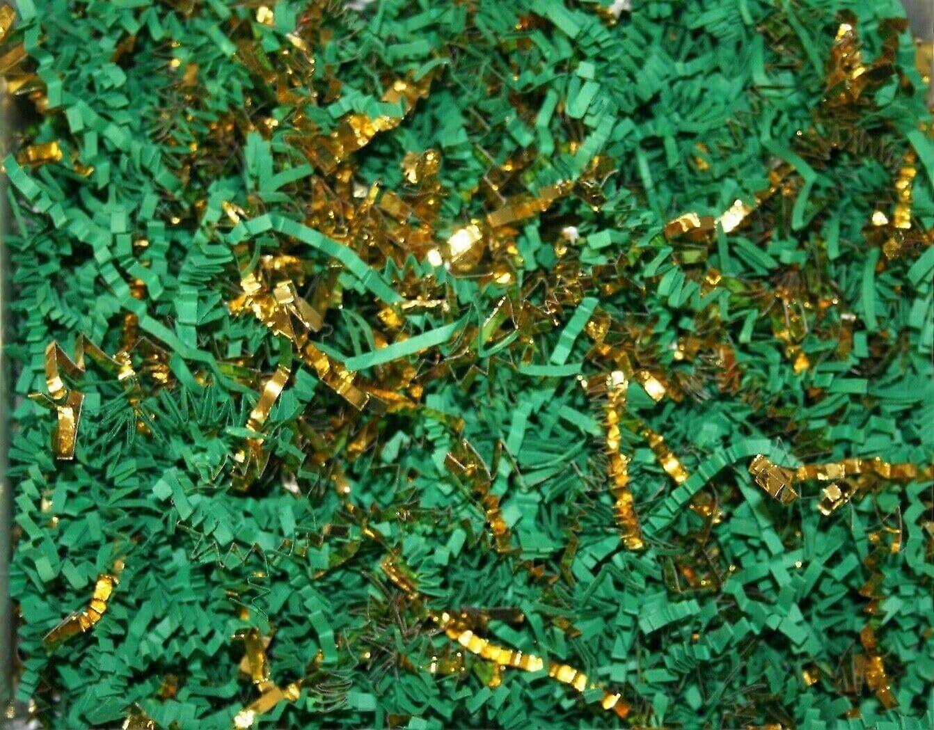 2 POUNDS Paper Crinkle Shred with Metallic Gold Trim for Box/Basket Filler Green Gold