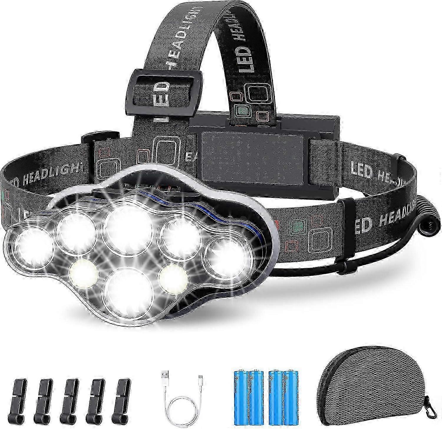 Headlight, Headlight 18000 Lumens 8 Leds 8 Lighting Modes, Super Powerful Led Headlight Usb Rechargeable 90 Adjustable Waterproof And Lightweight