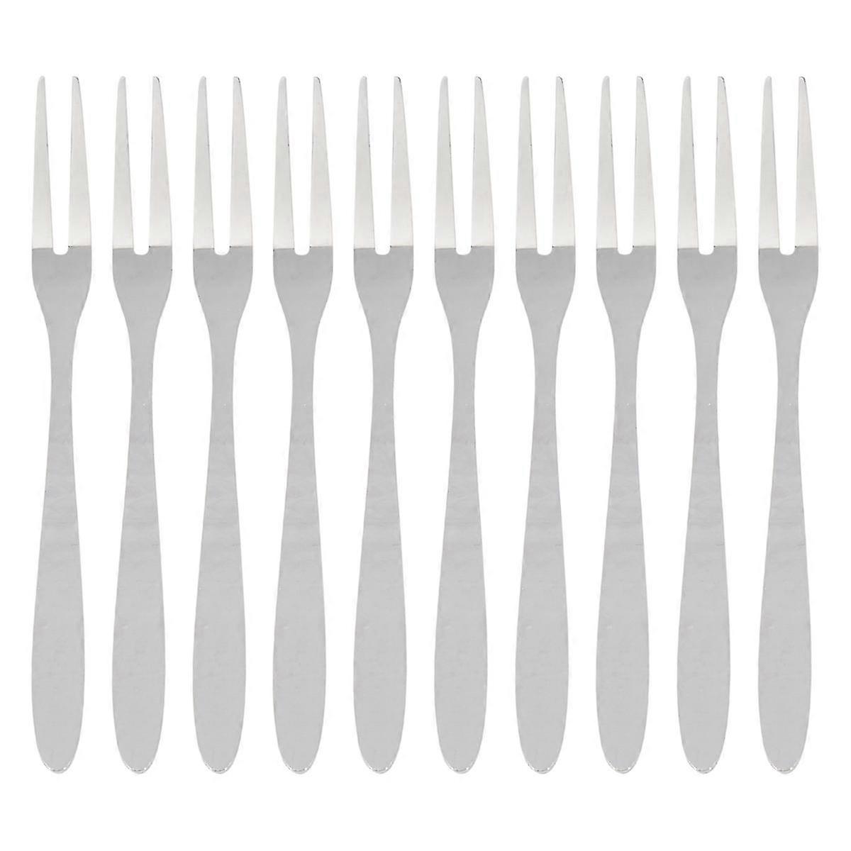 10Pcs Stainless Steel Reusable Fruit Fork Cake Snack Dessert Salad Flatware Fork Two-Tine Fork Set K
