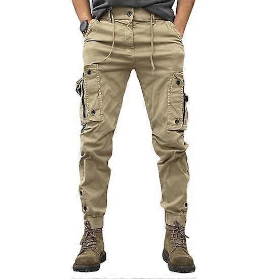 Spring Fall Men Cargo Pants Drawstring Waist Multi Pockets Ankle-banded Solid Color