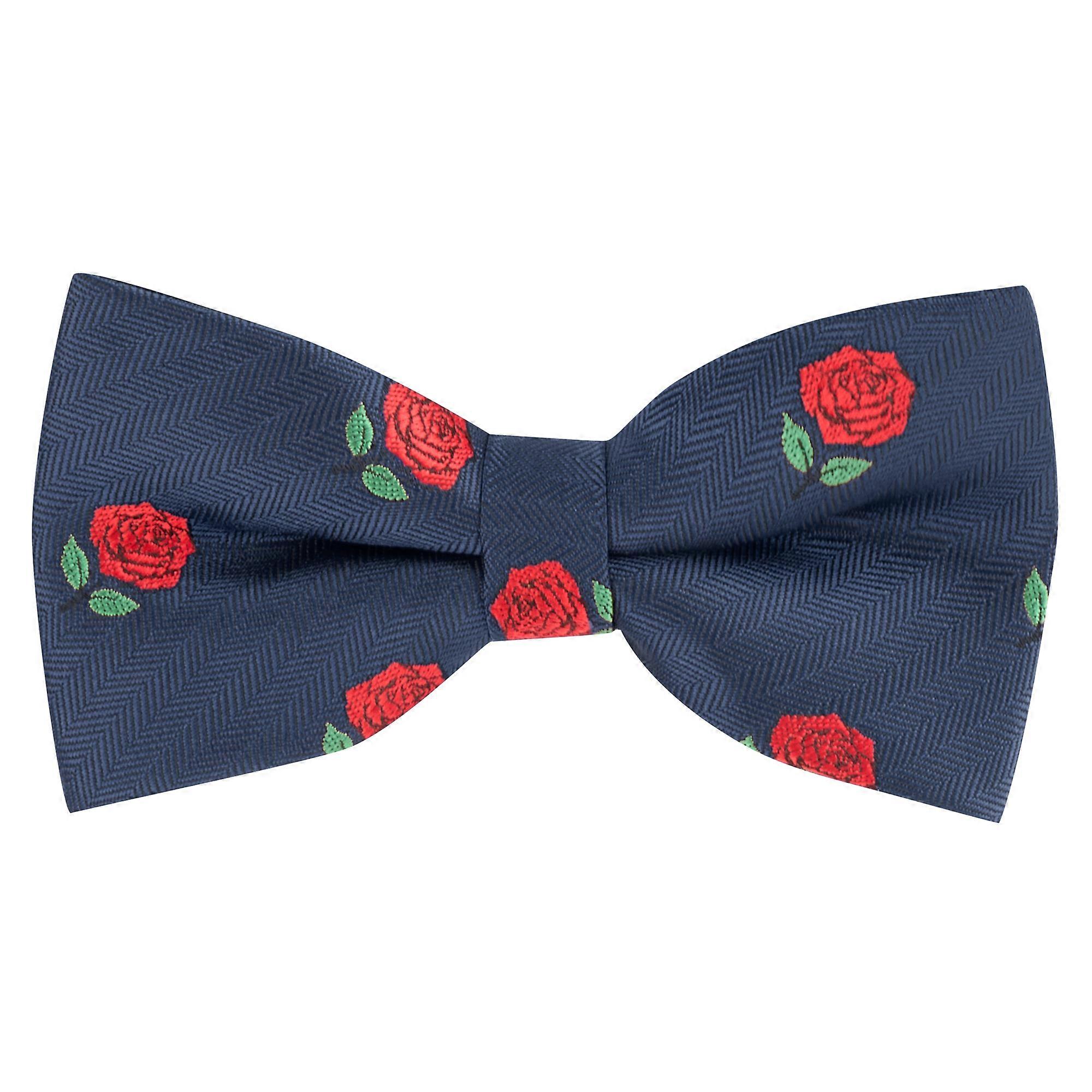 Navy Blue Red Rose Herringbone Bow Tie