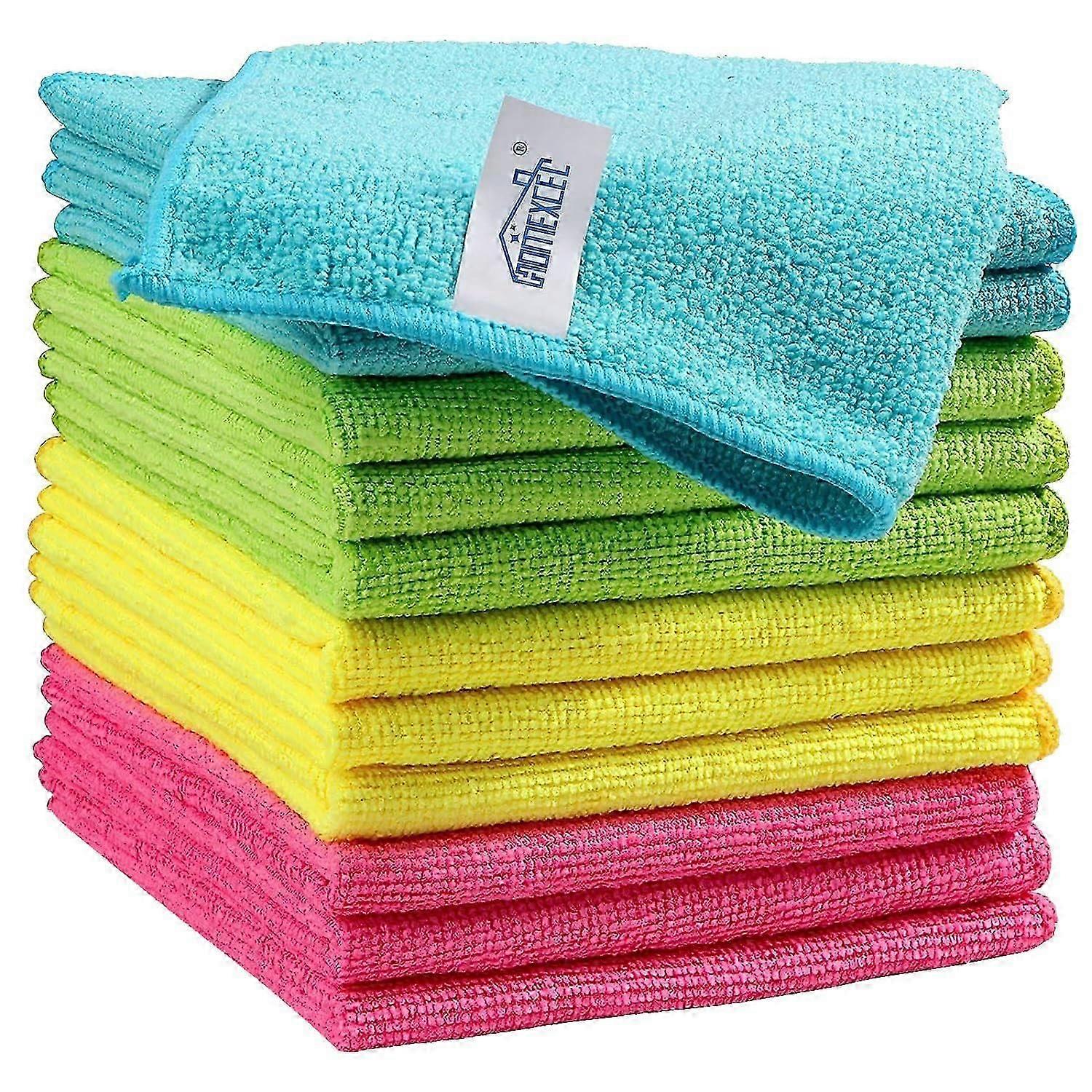 Chiffons de nettoyage en microfibre Paquet de 12, 11,5 x 11,5 pouces Serviettes réutilisables 4 couleurs (vert / bleu / jaune / rose)