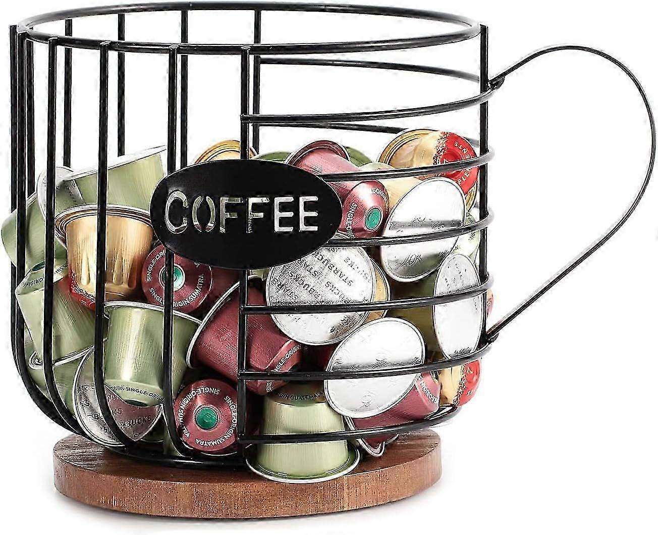 ארגונית תרמילי קפה, מחזיק קפסולת קפה דלפק, סל אחסון חוט שחור בעל קיבולת גדולה עם בסיס עץ.