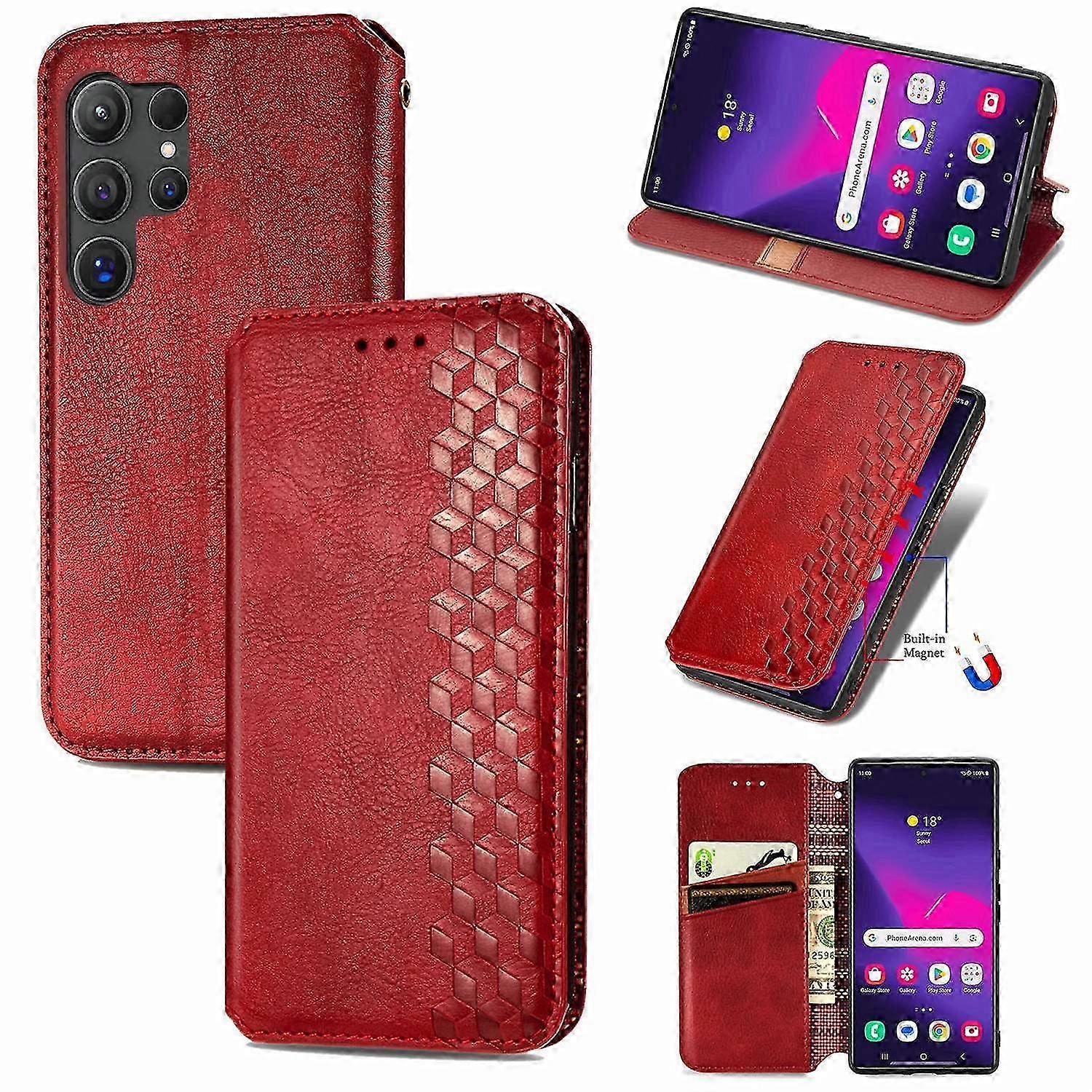غطاء هاتف محفظة من جلد البولي يوريثان باللون الأحمر مع بصمة المعين ، مناسب لهاتف Galaxy S25 Ultra