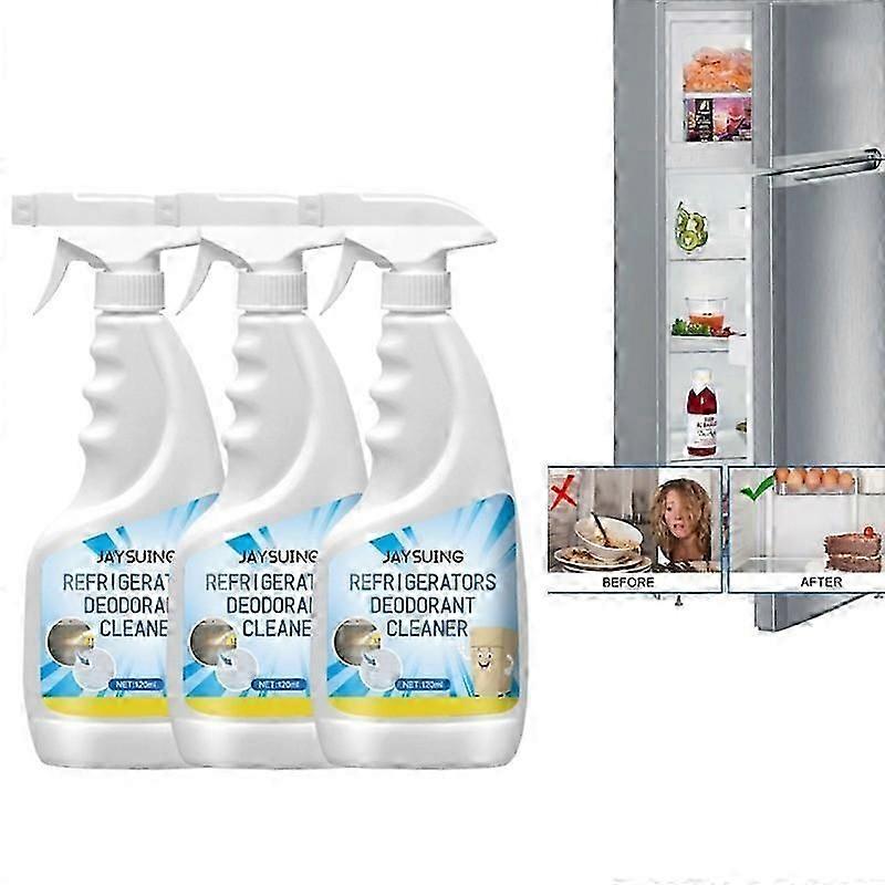 3x jääkaapin puhdistusainesuihke, jääkaapin hajunpoistoaine ja pinnanpuhdistusaine, elintarviketurvallinen keittiön puhdistusaine jääkaappihyllyille, oville ja seinille