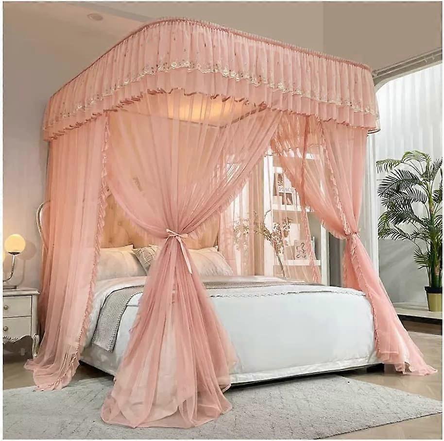 Bed canopy mosquito net with metal frame, decorative bed curtain for bedroom (Color: Yellow, Size: 180 x 220 cm) (Color: Pink, Size: 200 x 220 cm)