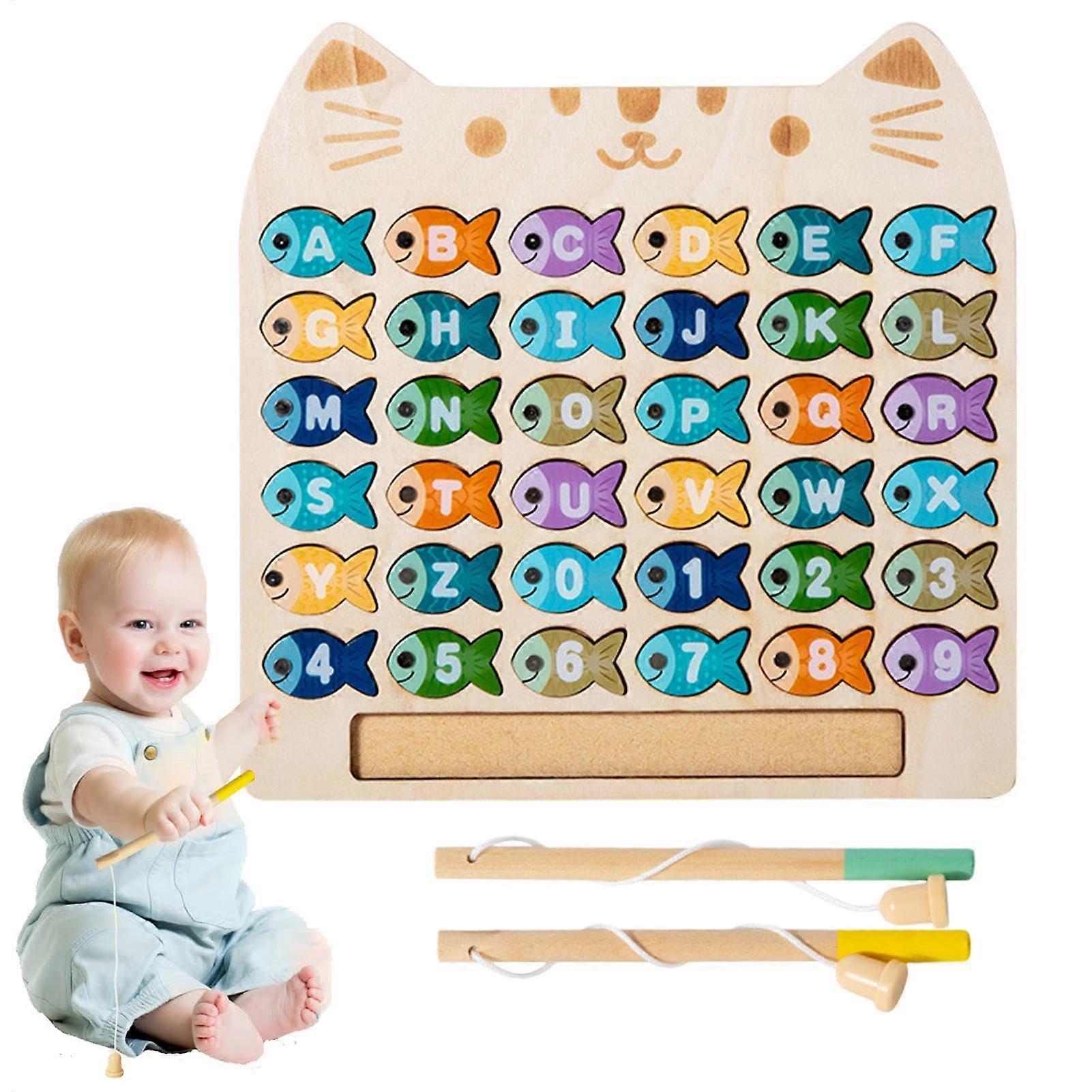 Magnetic Fishing Game for Kids, Cat Shape Wooden Toy, Interactive Fine Motor Skills Development with 2 Poles, Educational Fun