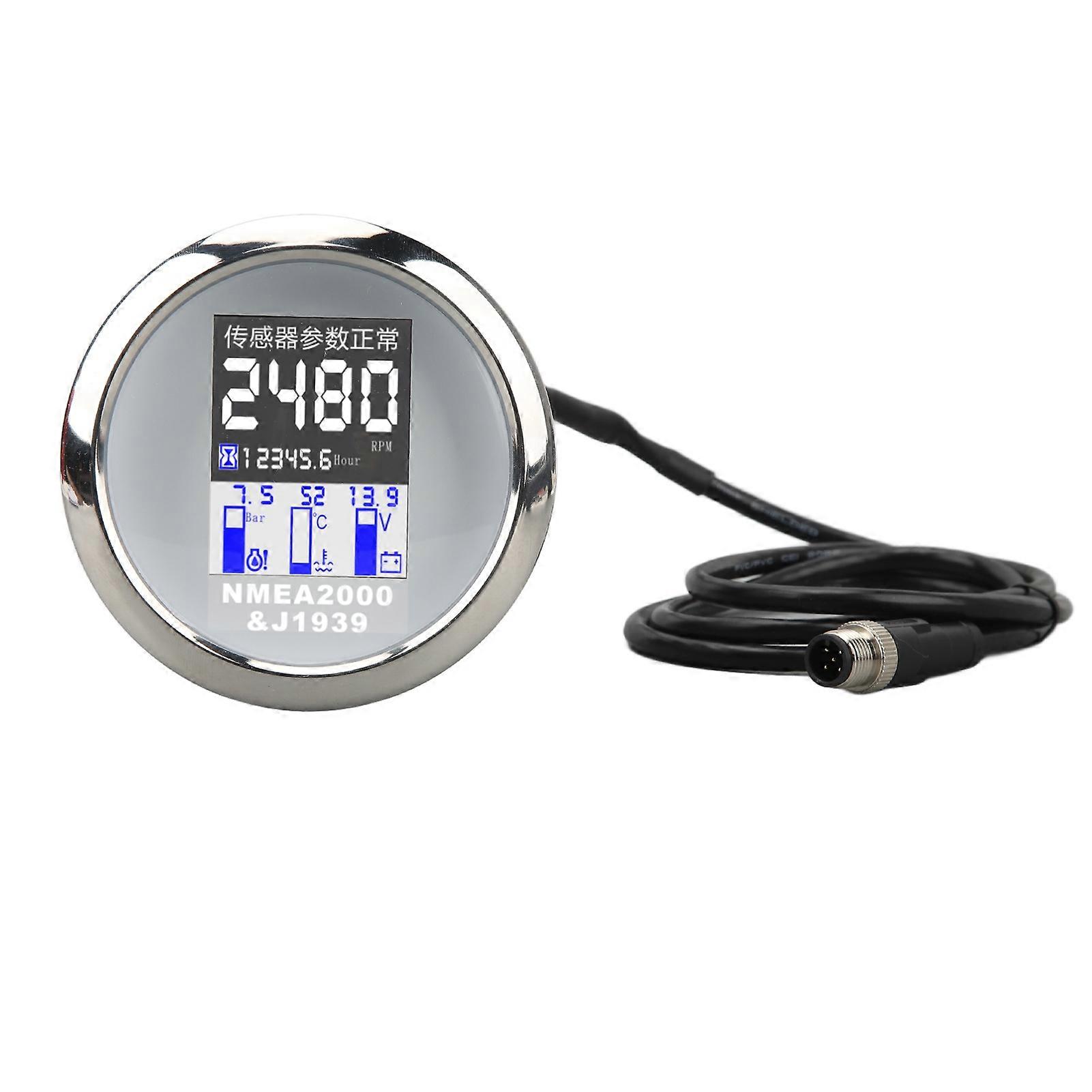 85MM Marine Tachometer Gauge for NMEA2000 J1939 Protocol with Water Temp Oil Pressure Voltage Display DC9 32V White Dial for Boat Yacht RV