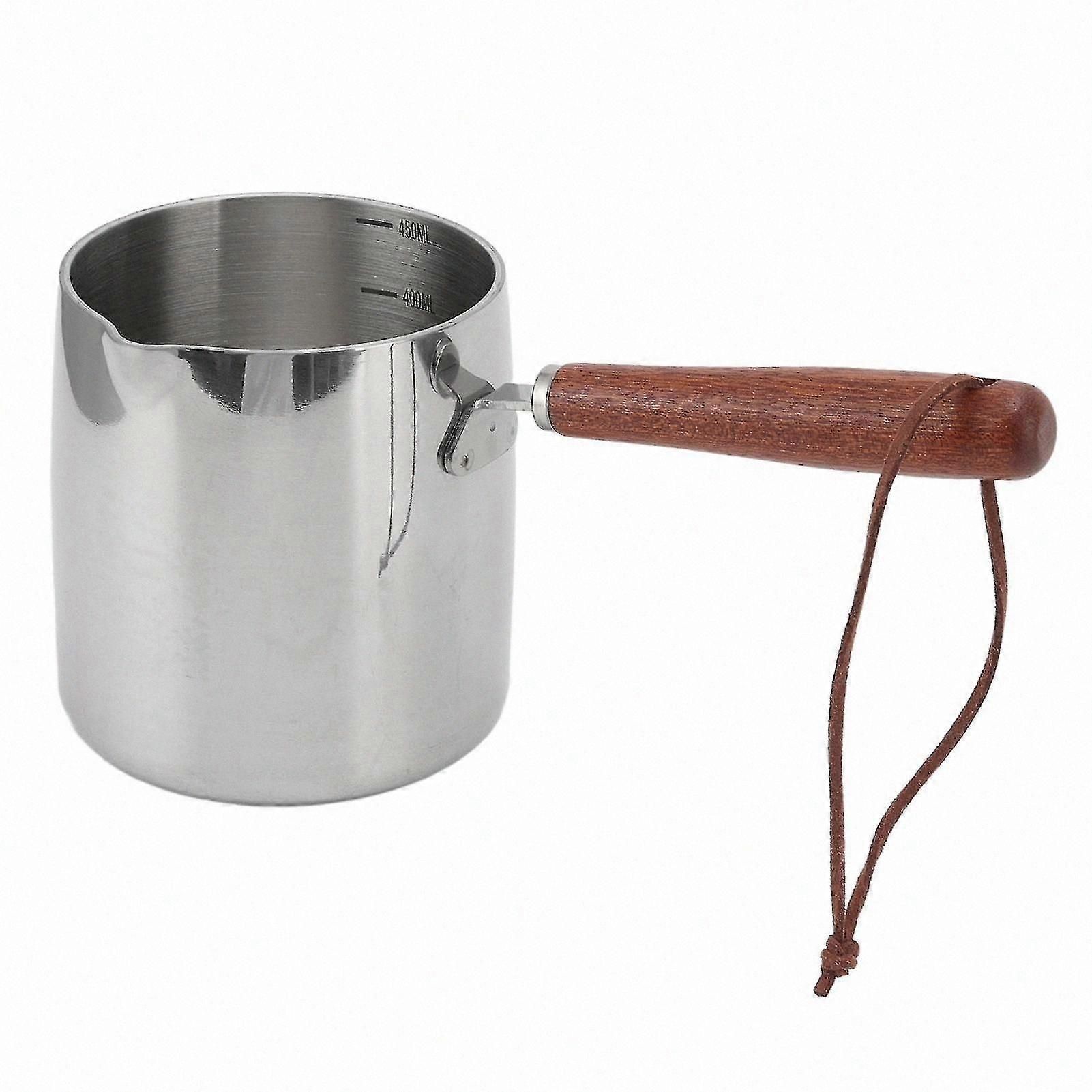 Mini Stainless Steel Butter Warmer Pot with Wooden Handle, 450ML Small Saucepan for Coffee, Milk, and Sauces