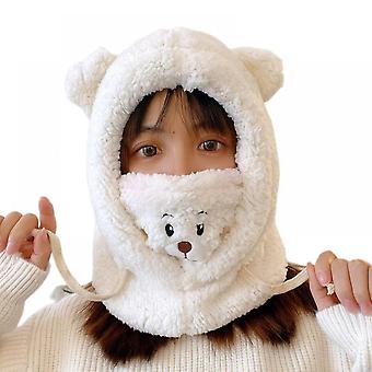 Veeki Autumn and winter bear hat cute female plush cycling windproof warm ear protection mask scarf integrated hat(White)