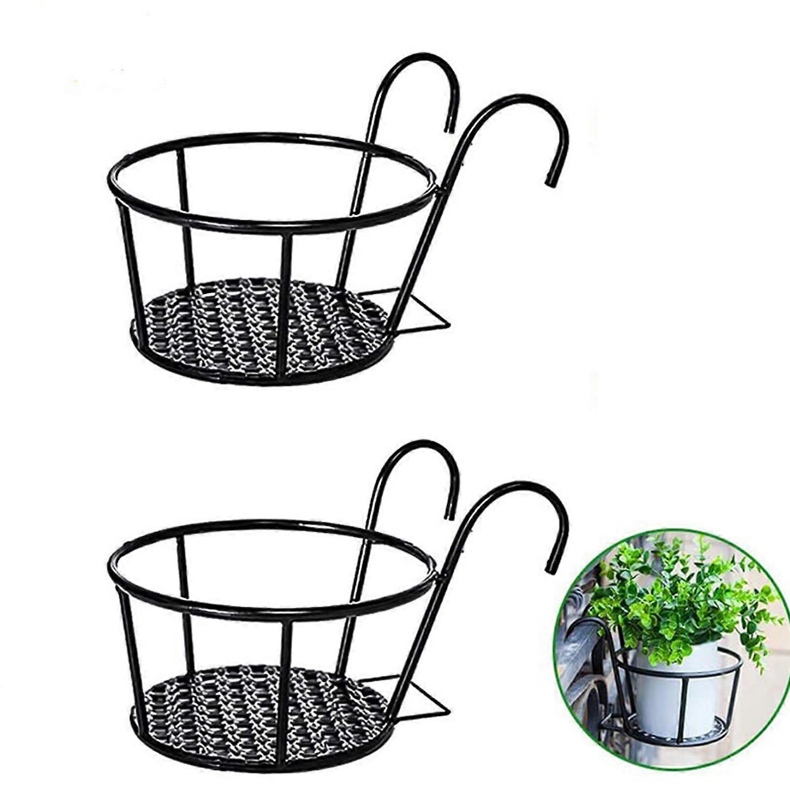 Hook Round Flower Stand 2Pcs Set, Hanging Railing Planter, Balcony Plant Basket Holder, Over Metal Fence Rail