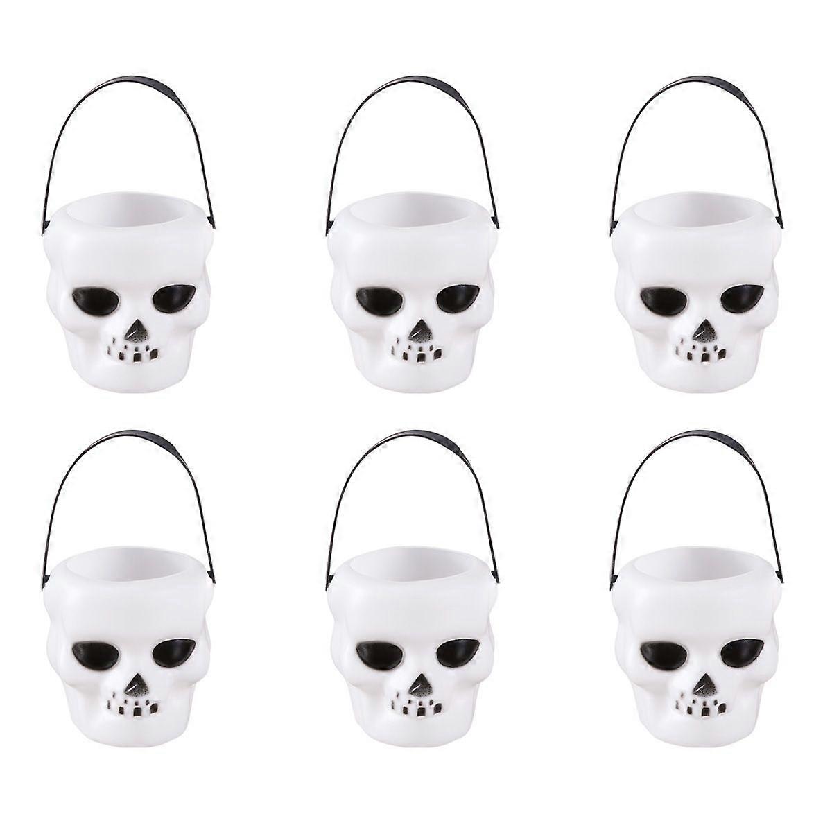 6pcs White Skull Barrel Halloween Handheld Skeleton Candy Bucket Props Layout Ornaments for Halloween Party