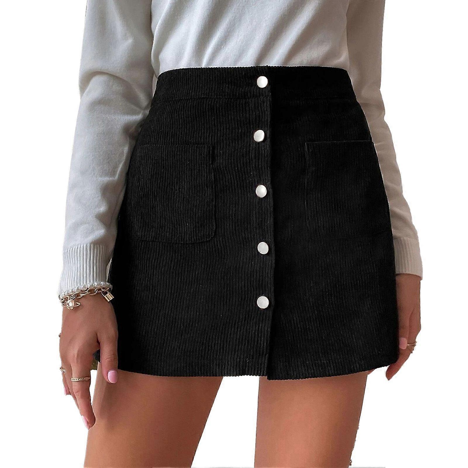 Women Corduroy Mini Short Skirt A Line High Waist Slim Fit Button with Pockets for Fall Winter Black M