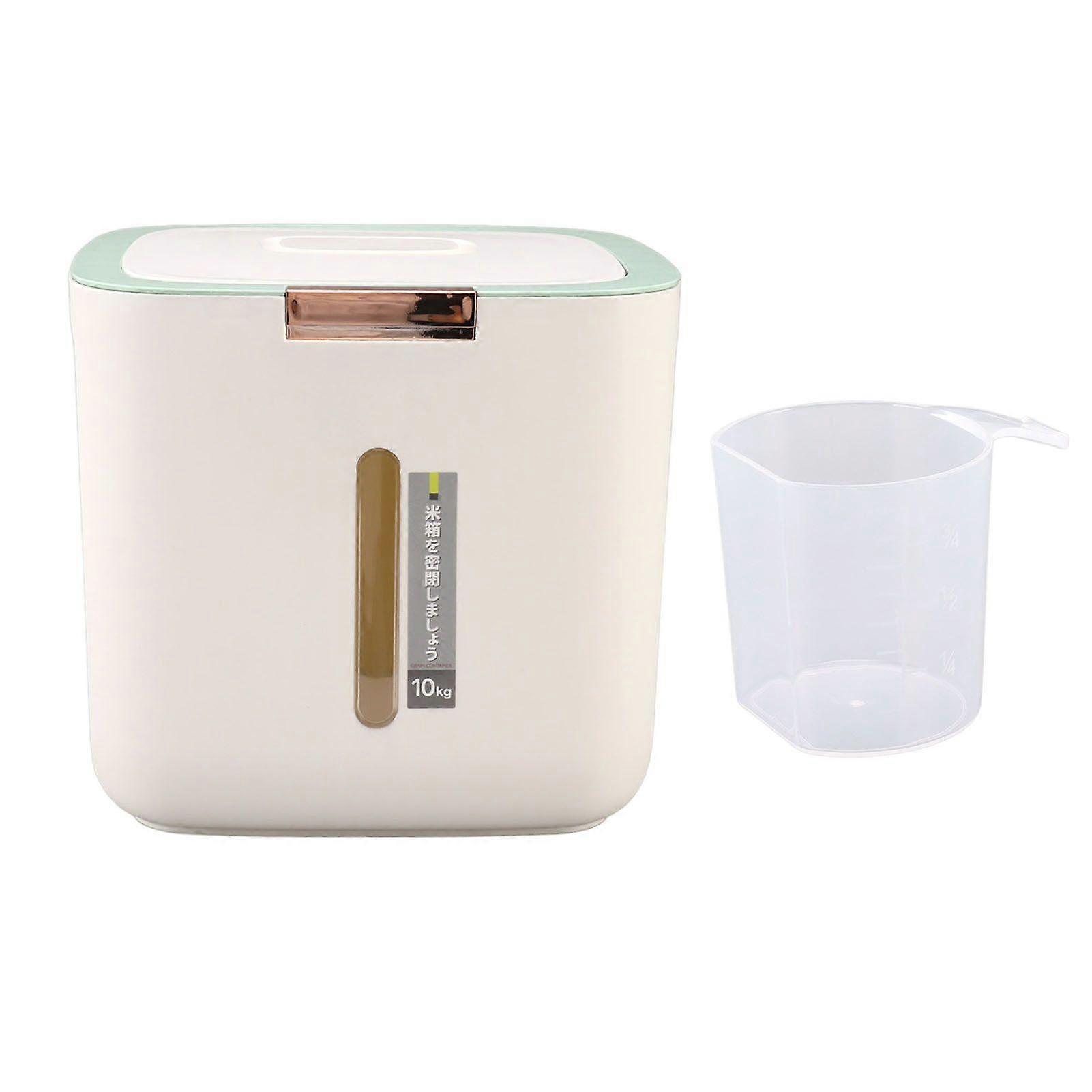 Rice Storage Container 22.0lb Capacity Food Grade PP Thickened Sealed Grain Storage Barrel with Measuring Cup and Lid Light Green