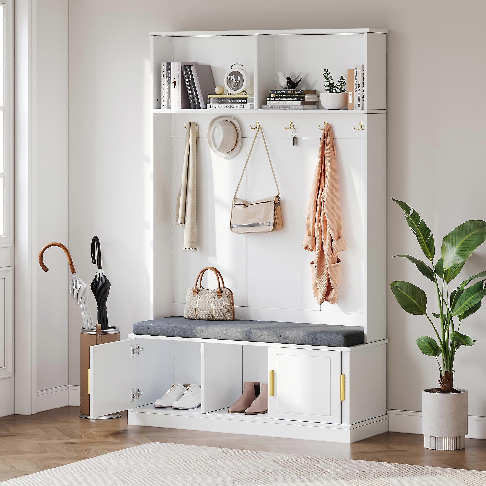 Entryway Storage Bench Shoe Rack Wardrobe Hooks White 120x40x191cm