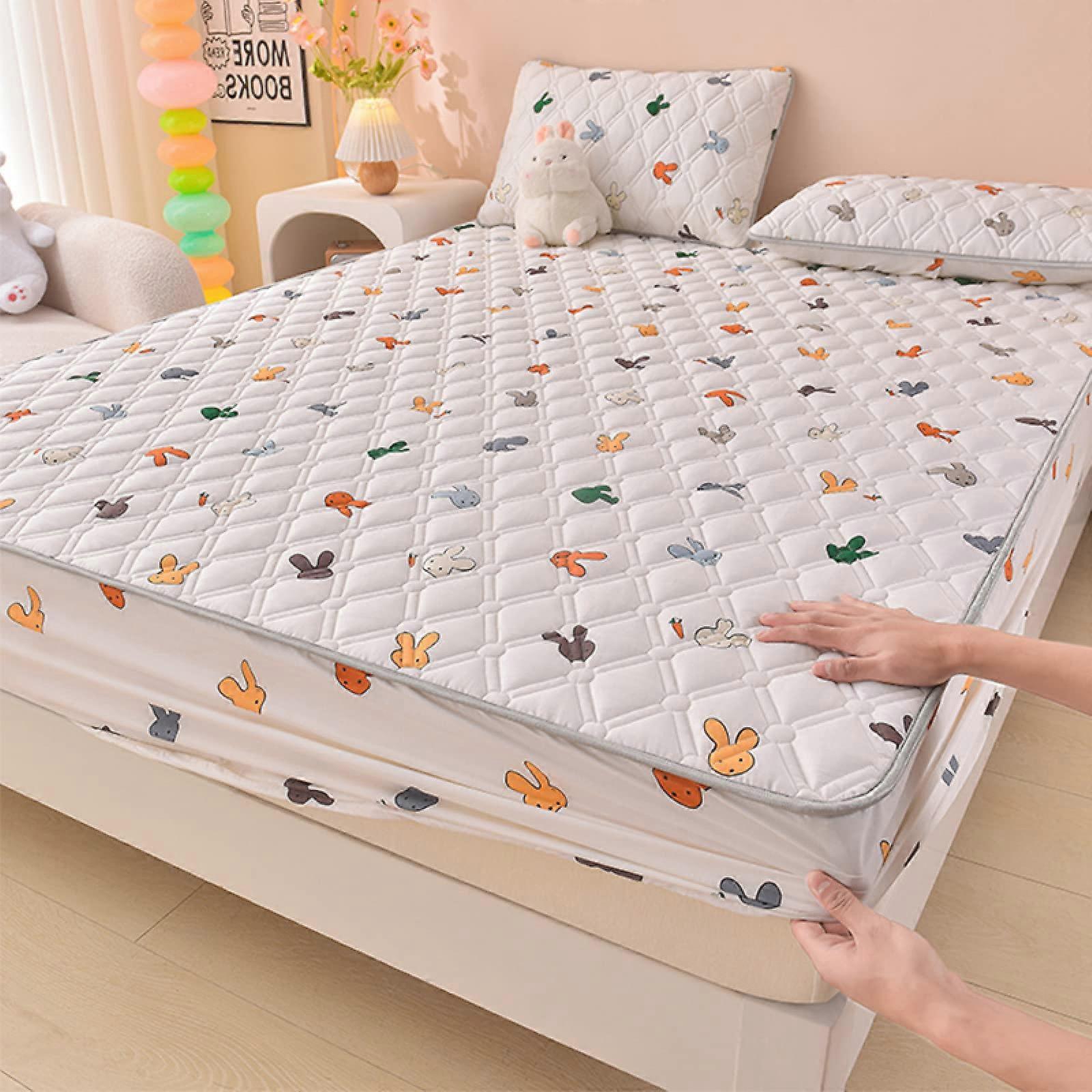 Extra Deep Fitted Bed Sheet Double Size 150x200cm, Rabbit Pattern Kids Quilted Mattress Topper, Thickened 1Piece
