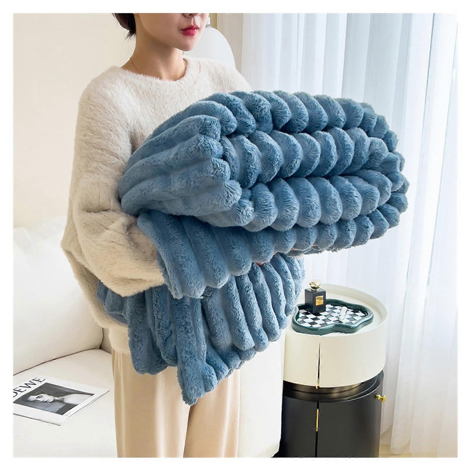Faux Rabbit Fur Throw Blanket, Reversible Thickening, Soft Warm, Decorative Cozy Throw, 180x200 cm Blue