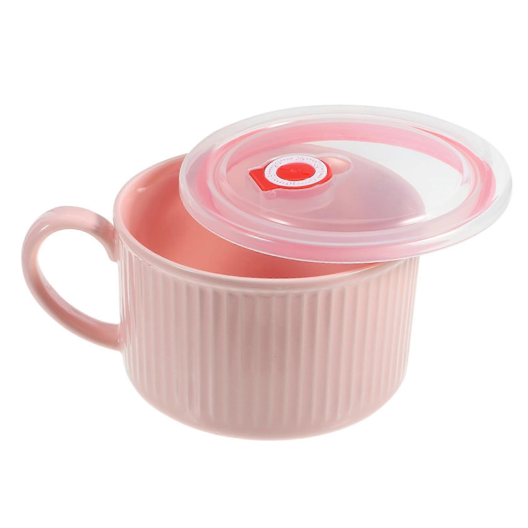 Ceramic Ramen Bowl with Lid SingleHandle Food Container For Noodles Bento Pink