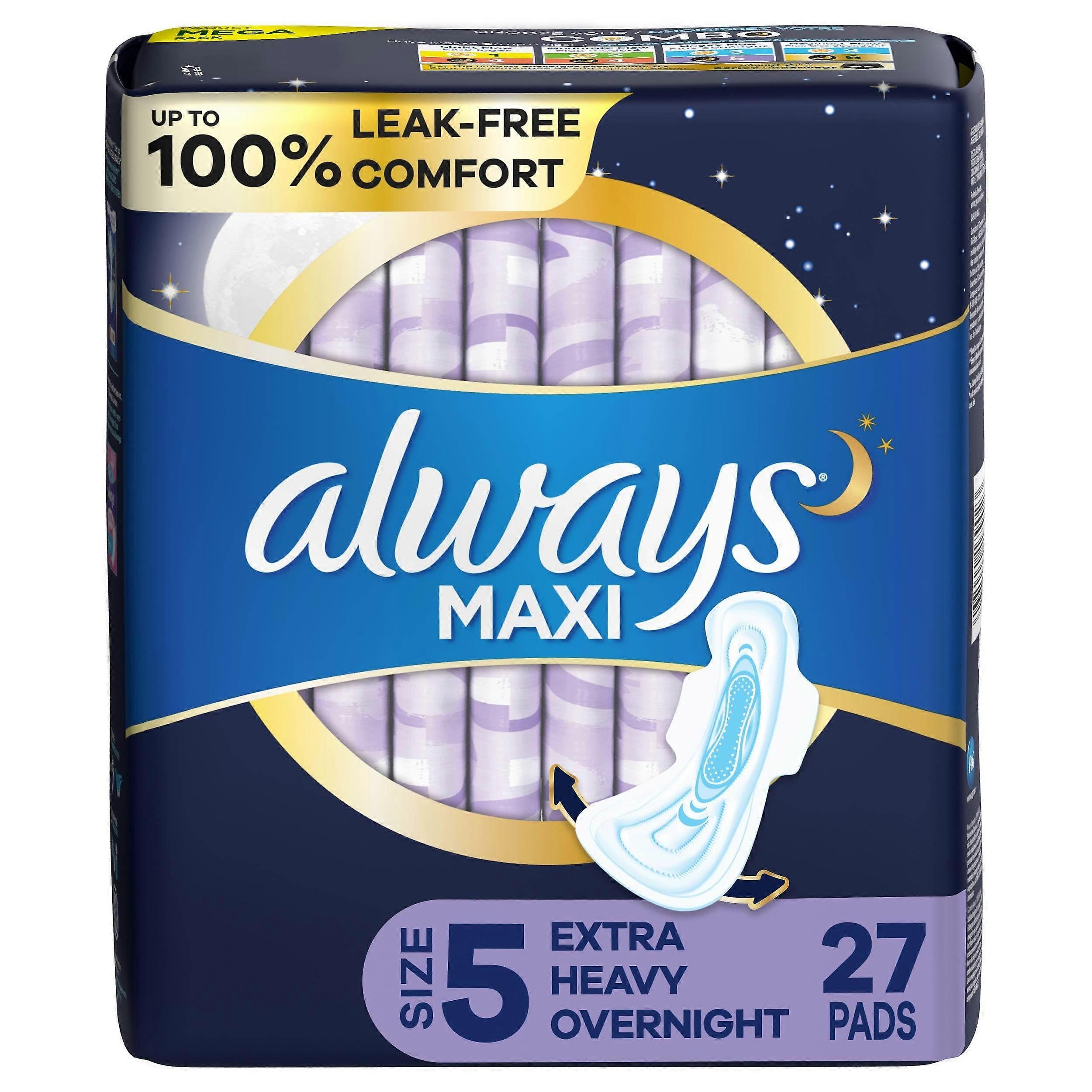 Always Maxi Pads Size 5 Overnight Absorbency With Wings, Unscented, 27 Ea