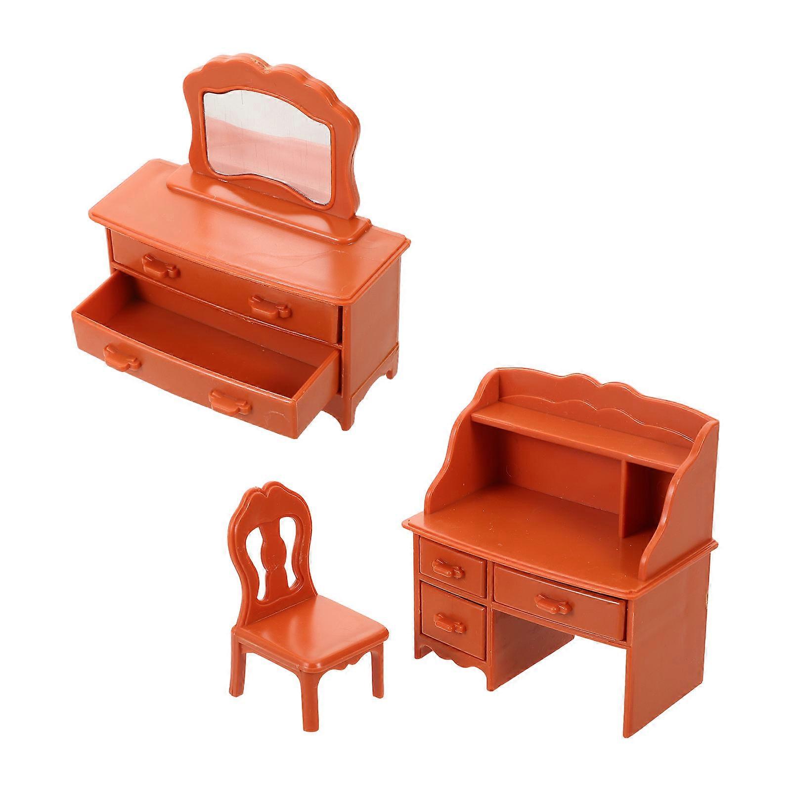 Kids Pretend Play Toy Miniature Dresser Table With Mirror And Stool Light Brown Decorative Use 1 Set