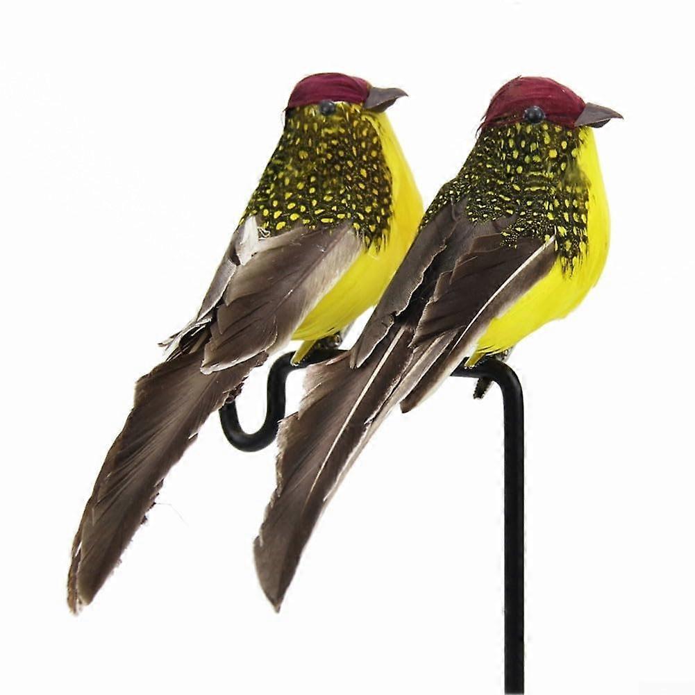 2 Pack Artificial Foam Birds with Feathers and 3D Eyes for Home, Garden and Forest Theme Decor (Yellow)