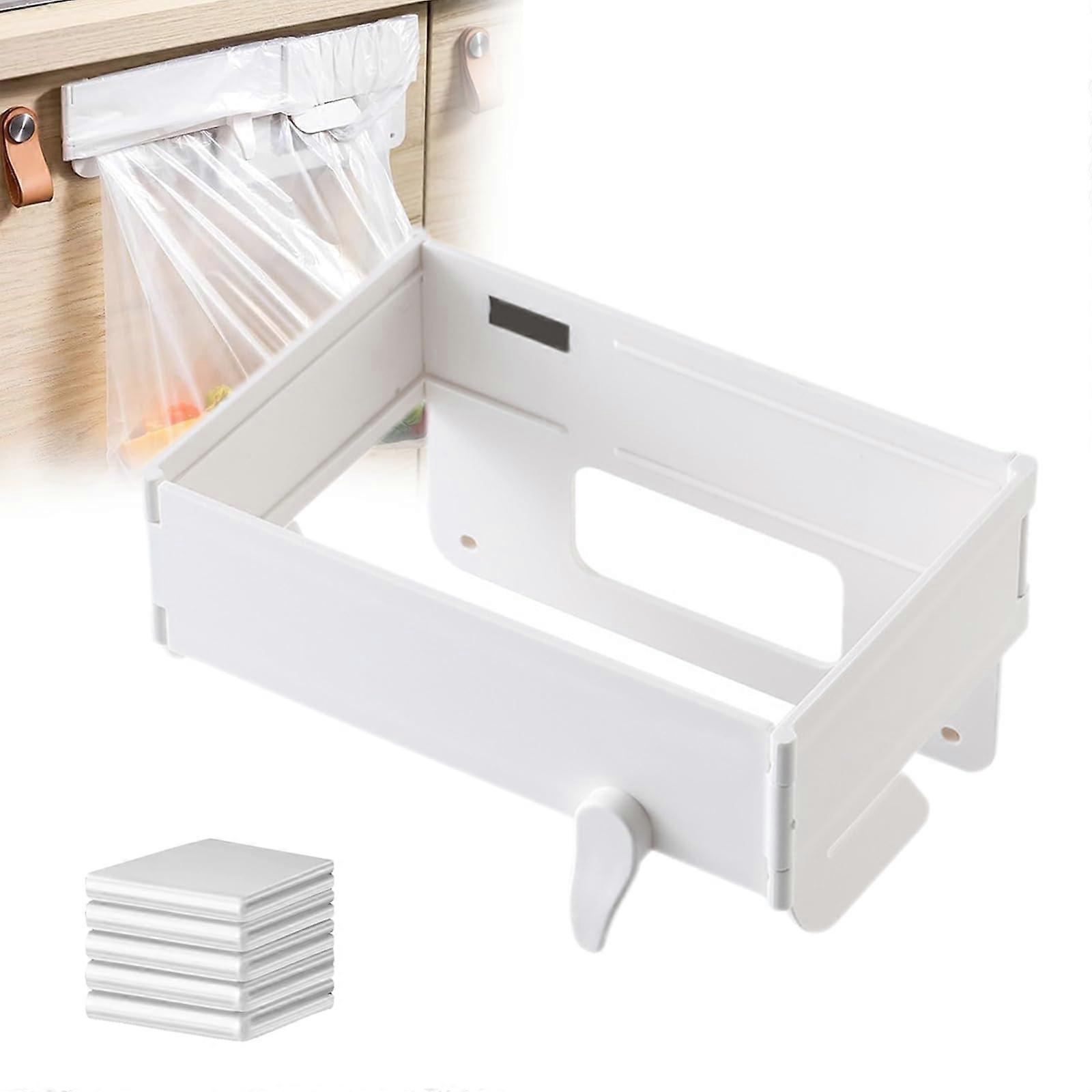 Foldable Trash Bag Holder with Magnetic Closure, Hanging Garbage Can Rack for Kitchen Cabinet Doors (White, 1Pc)