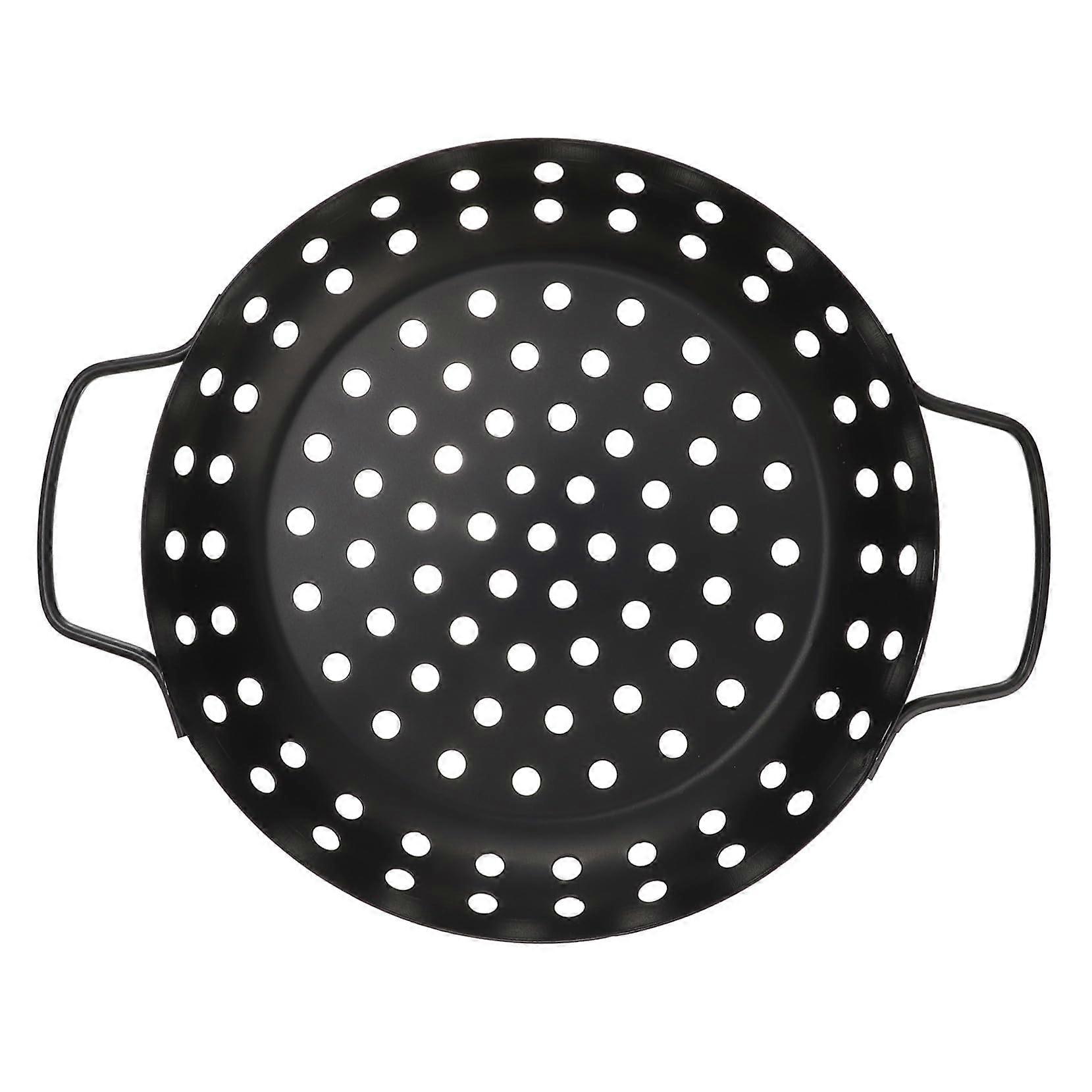 BBQ Grill Basket NonStick Round Pan with Large Holes Double Handle for Outdoor Barbecue and Baking