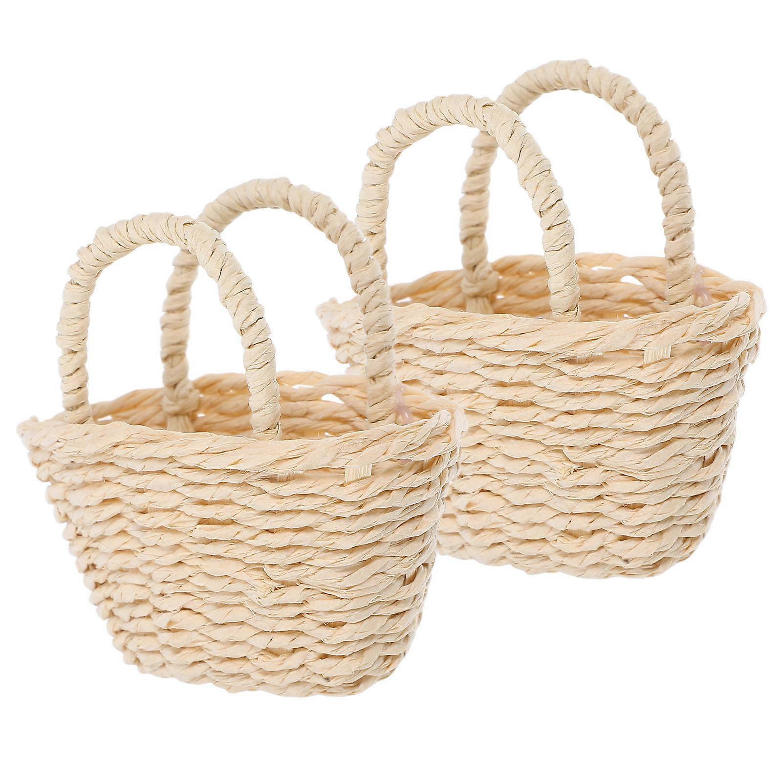 Miniature Raffia Grass Basket for Decoration 2Pcs Woven Handle Mini Basket