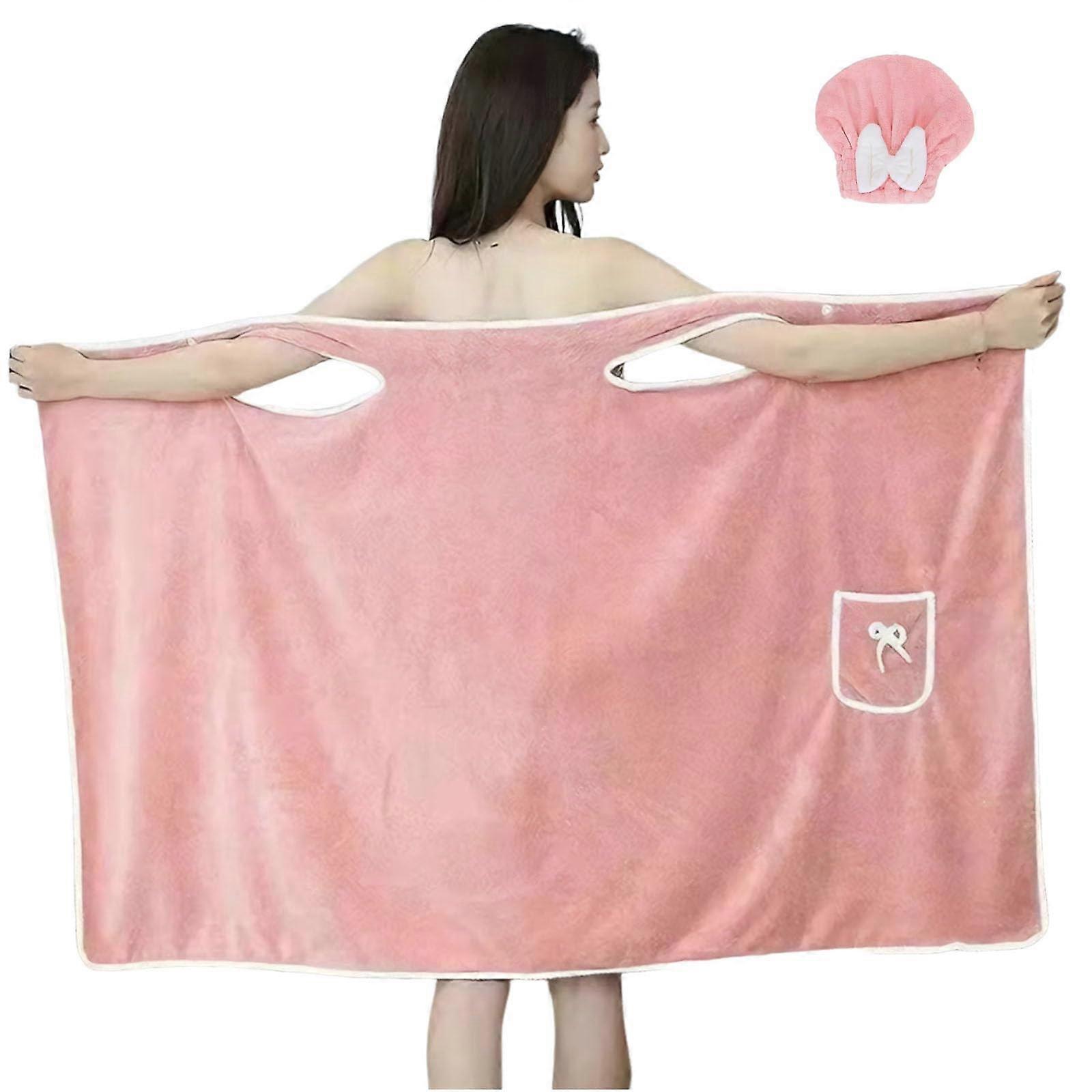 Wearable Bath Towel Wrap for Women Plus Size Quick Dry Soft Coral Fleece with TwoButton Closure Pink 31.5x57in