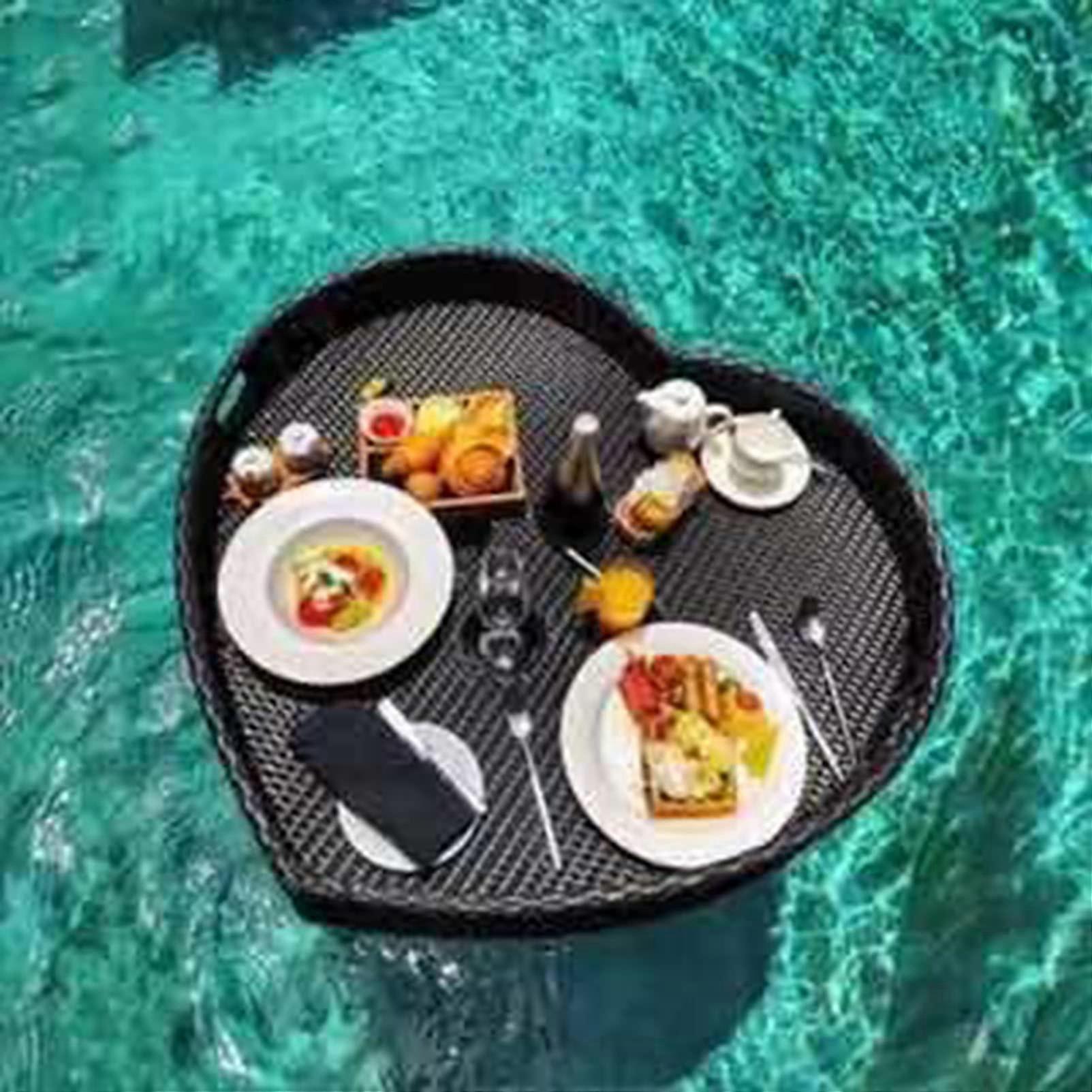 Floating Pool Tray for Drinks and Snacks, Round Rattan Serving Tray for Pool Parties and Spa
