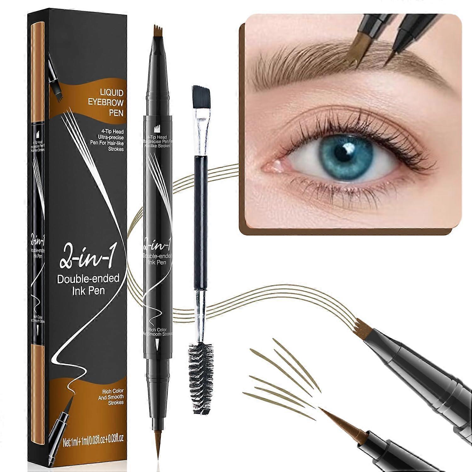 Waterproof Microblading Eyebrow Pencil Light Brown, Dual Ended 3D Microfork Tip with Brush, Long Lasting