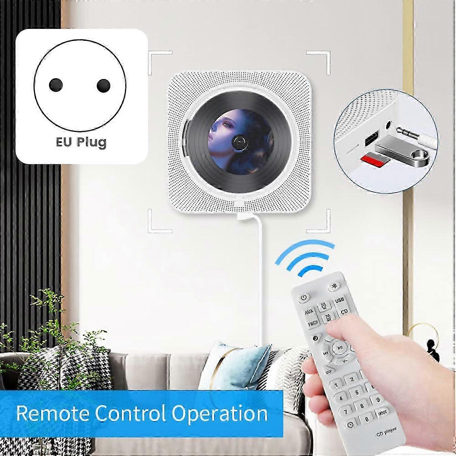 Portable Bluetooth CD Player with Remote Control, LCD Display, Wall Mountable - EU Plug