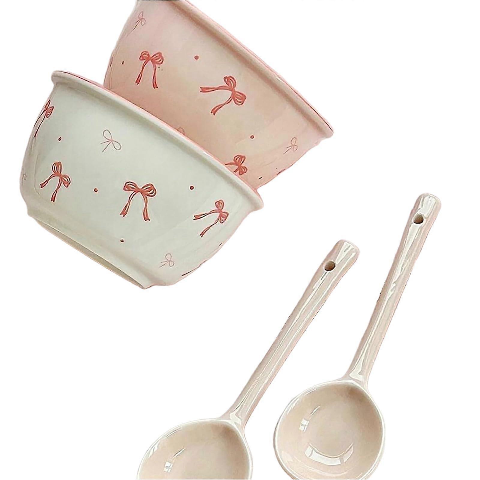 Ceramic Bowls Set with Spoons, Underglaze Dinnerware, Microwave Dishwasher Safe, Chip Resistant