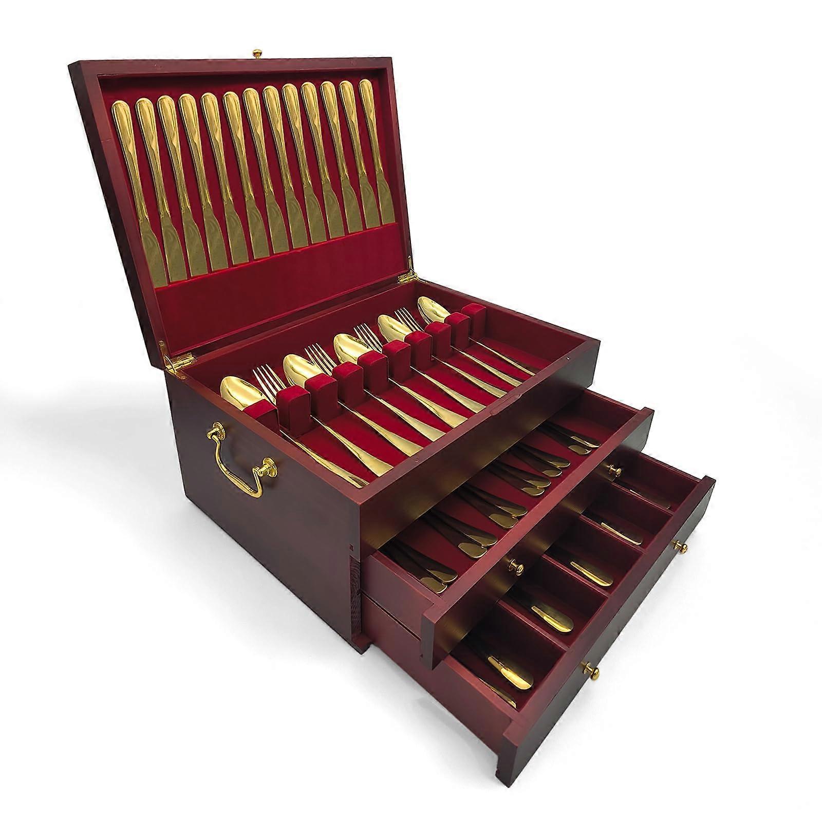 Silverware Storage Chest with AntiTarnish Felt Lining, Wooden 3Layer Flatware Organizer, Cherry Finish