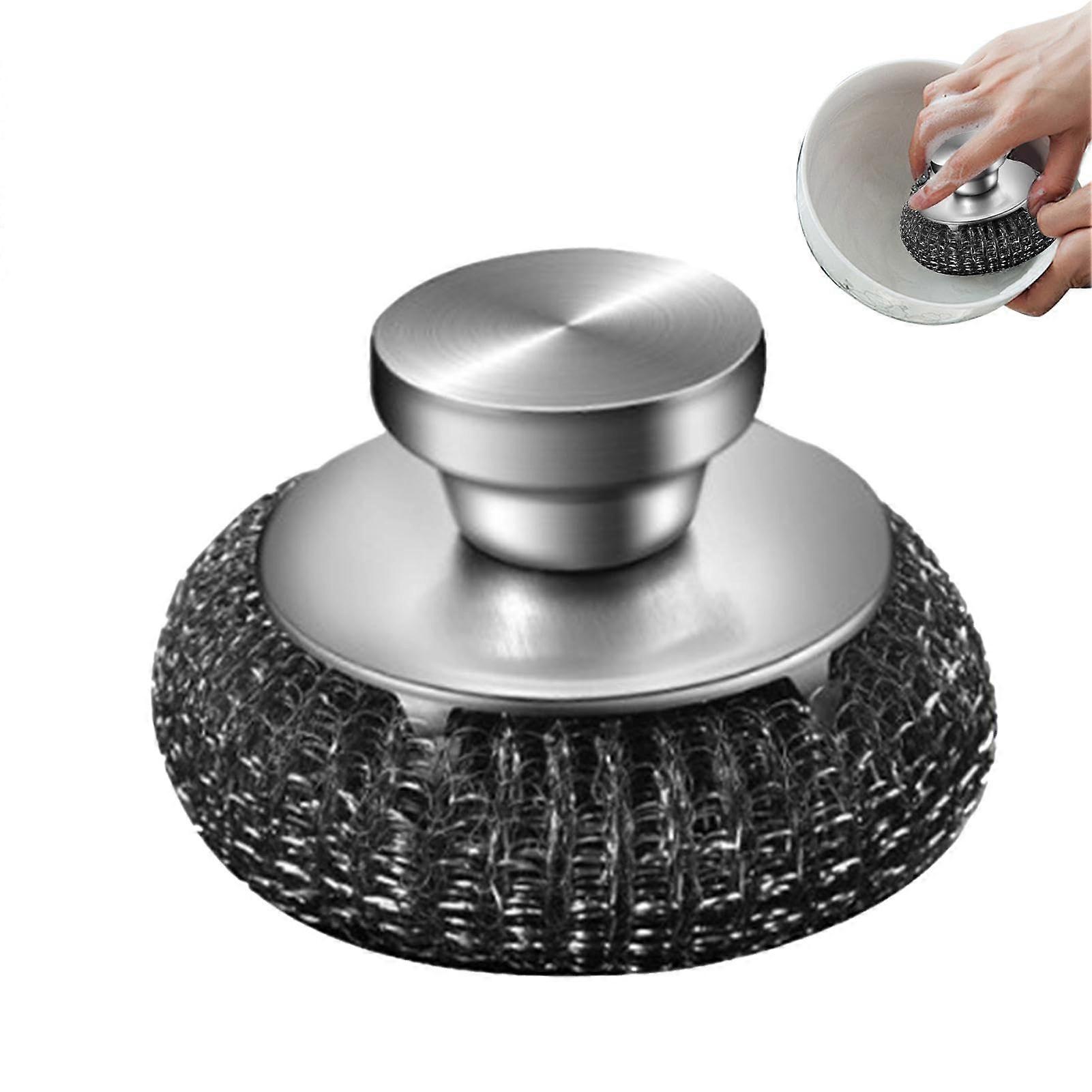 Stainless Steel Scrubber with Ergonomic Curved Handle and Replaceable Head for Pots and Pans