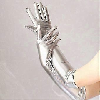 Silver Patent Leather Dance Gloves - Long Length, Coated Steel Tube Design for Performance Artistry  HY-26