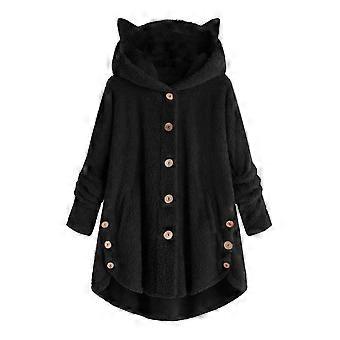 Leuke dikke pluche dameshoodie met bontkraag en kattenoortjes, capuchon, onregelmatige zoom en knoopsluiting, fleecejas.