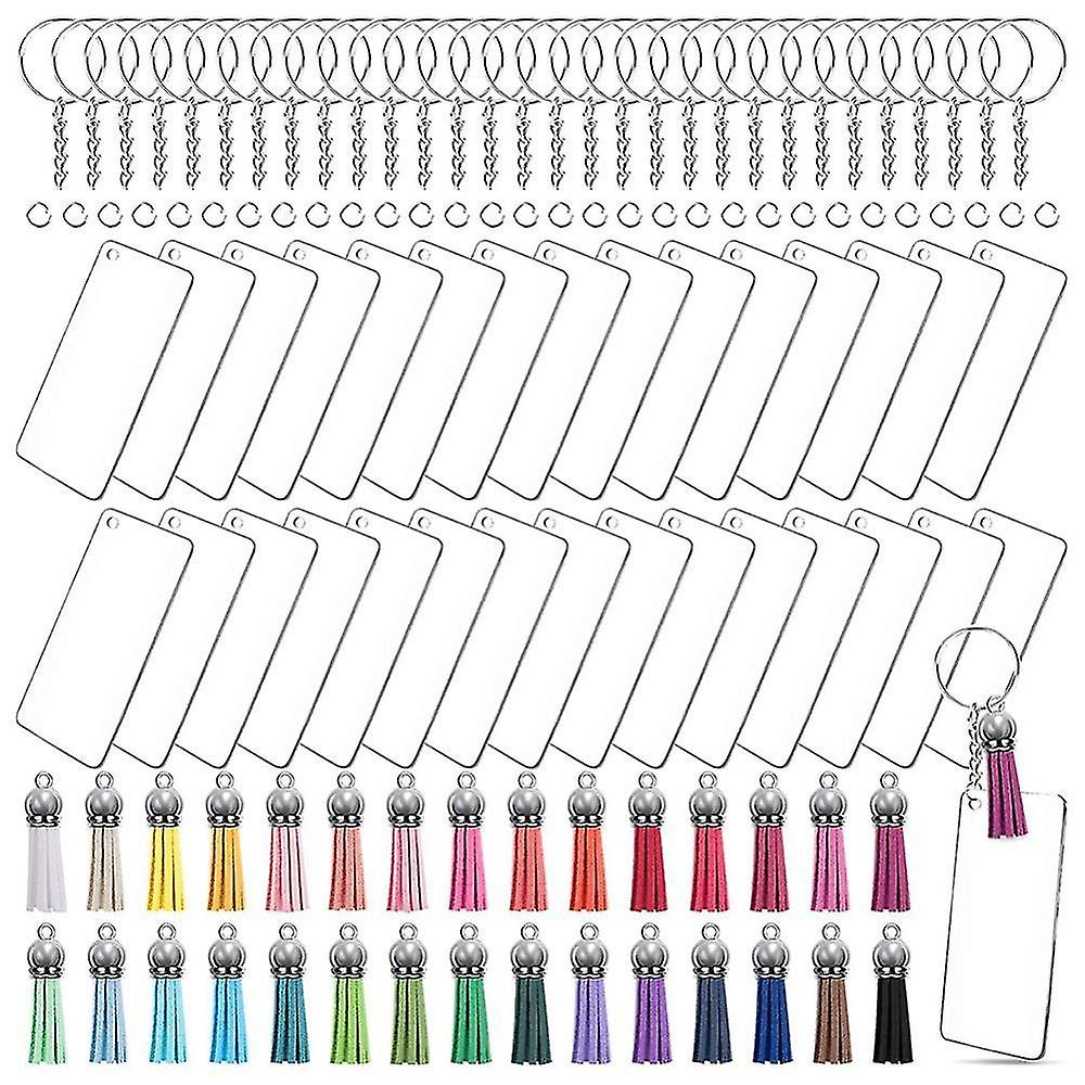 120 Pcs Acrylic Keychain Blank Tassel Pendant Set Includes Rectangular Transparent Acrylic Keychain