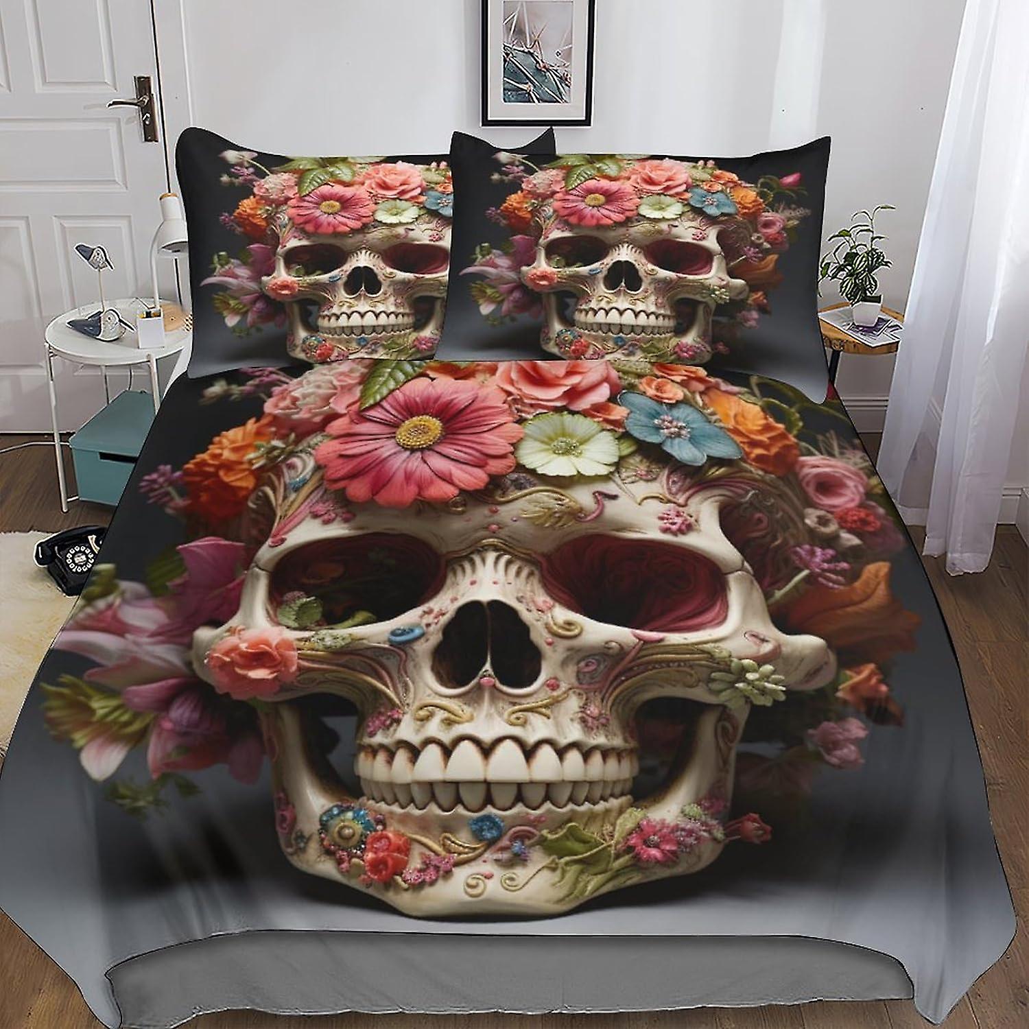 VCLUST Set di copripiumino teschio gotico - 3D, copripiumino teschio creativo, copripiumino set di biancheria da letto per bambini ragazzi e ragazze Set da 3 pezzi con cerniera Clo
