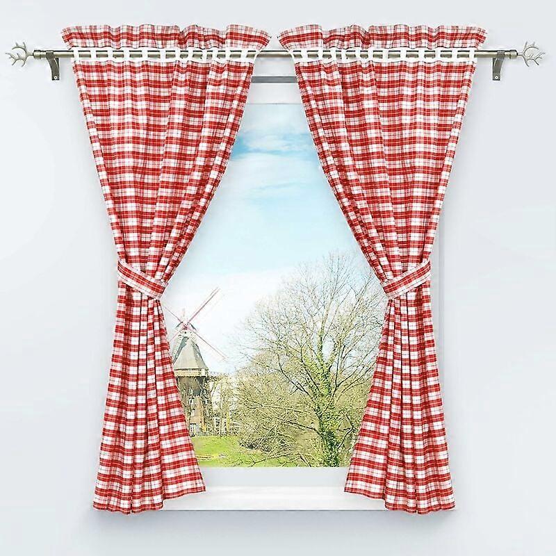 Set of 2 Pieces Opaque Perforated Curtains with 2 Tiebacks Checkered Pattern Window Decoration for Bedroom Interior Red H/L 120/80cm