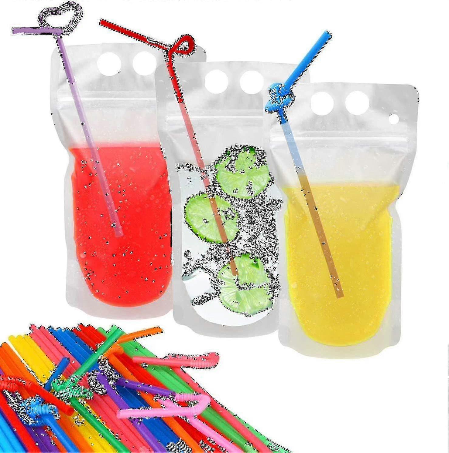 100 Pcs Drink Pouches With 100 Straw Holes Translucent Reclosable Zipper Plastic Pouches - RiRi