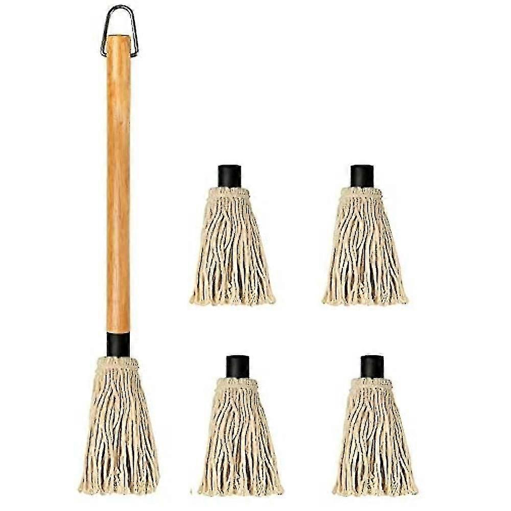 Grill Basting Mop Wooden Long Handle With 4 Extra Replacement Heads For Bbq Grilling Smoking Steak