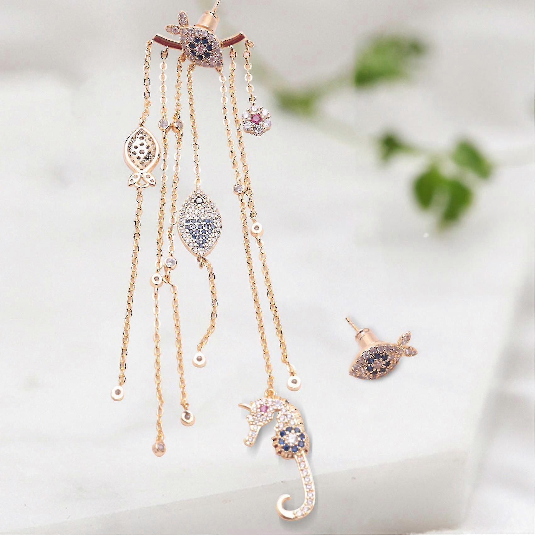 Asymmetric Fish Seahorse Long Tassel Long Marine Elements Ear Jewelry