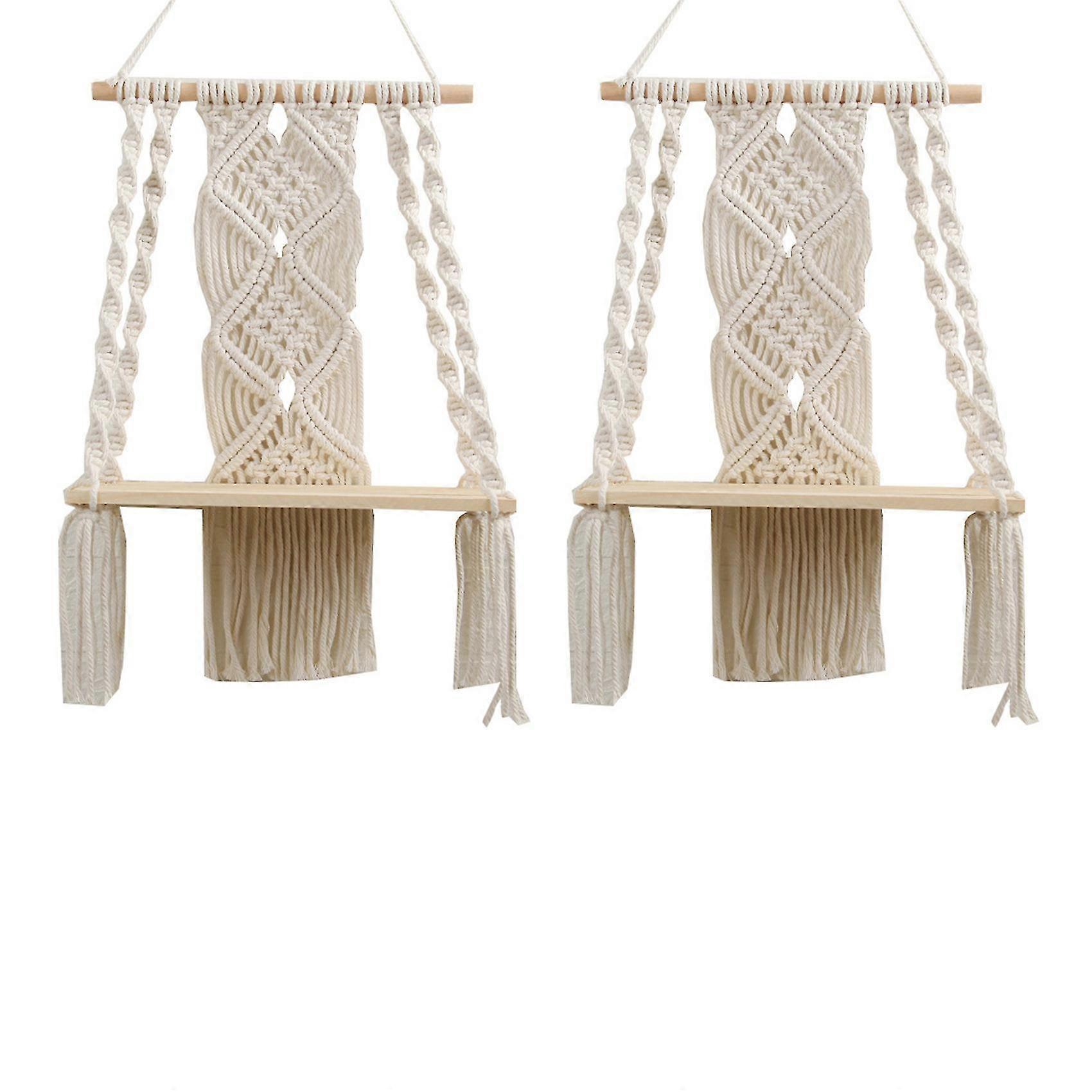 2x Boho Macrame Wall Hanging Shelf Handmade Woven Tassel Tapestry Rack Wood Floating Storage Hanger