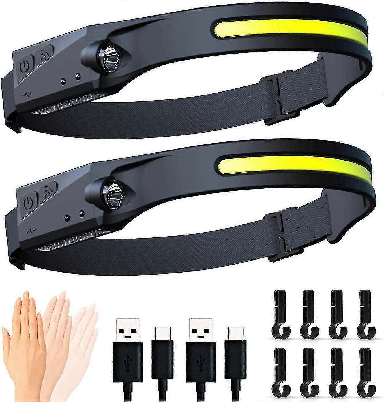 Rechargeable LED Headlamp 2 Pack, Gobeam 230 USB COB Headlamp 350 Lumen Super Bright Jogging Headlamp with Sensor Lightweight Waterproof Headlamp Runn