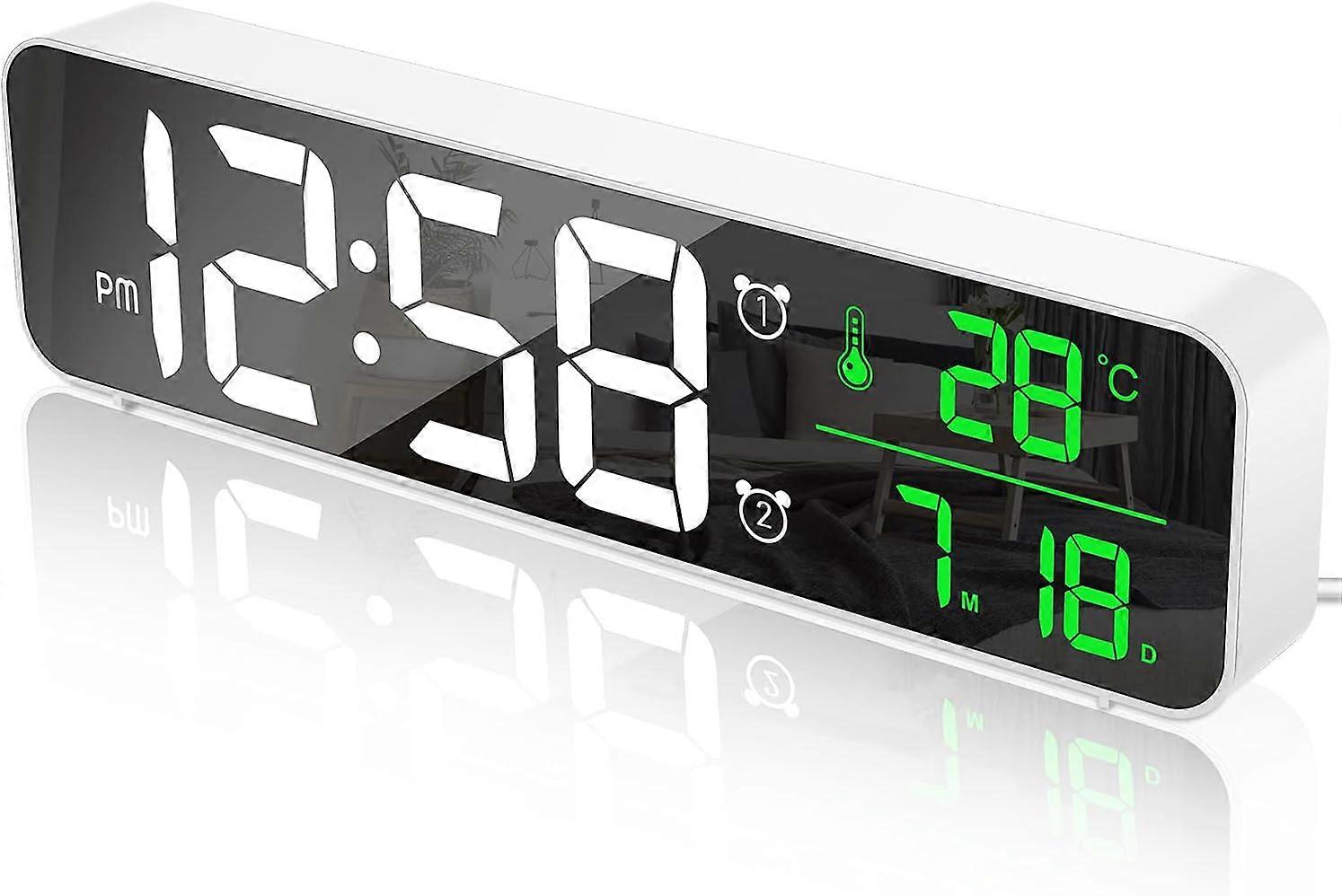 Digital Alarm Clock, Wall Clock Morning Alarm Clock LED Digital Mirror Large Screen with Date Temperature, 2 Alarms, 40 Music, 6 Dimmable Brightness