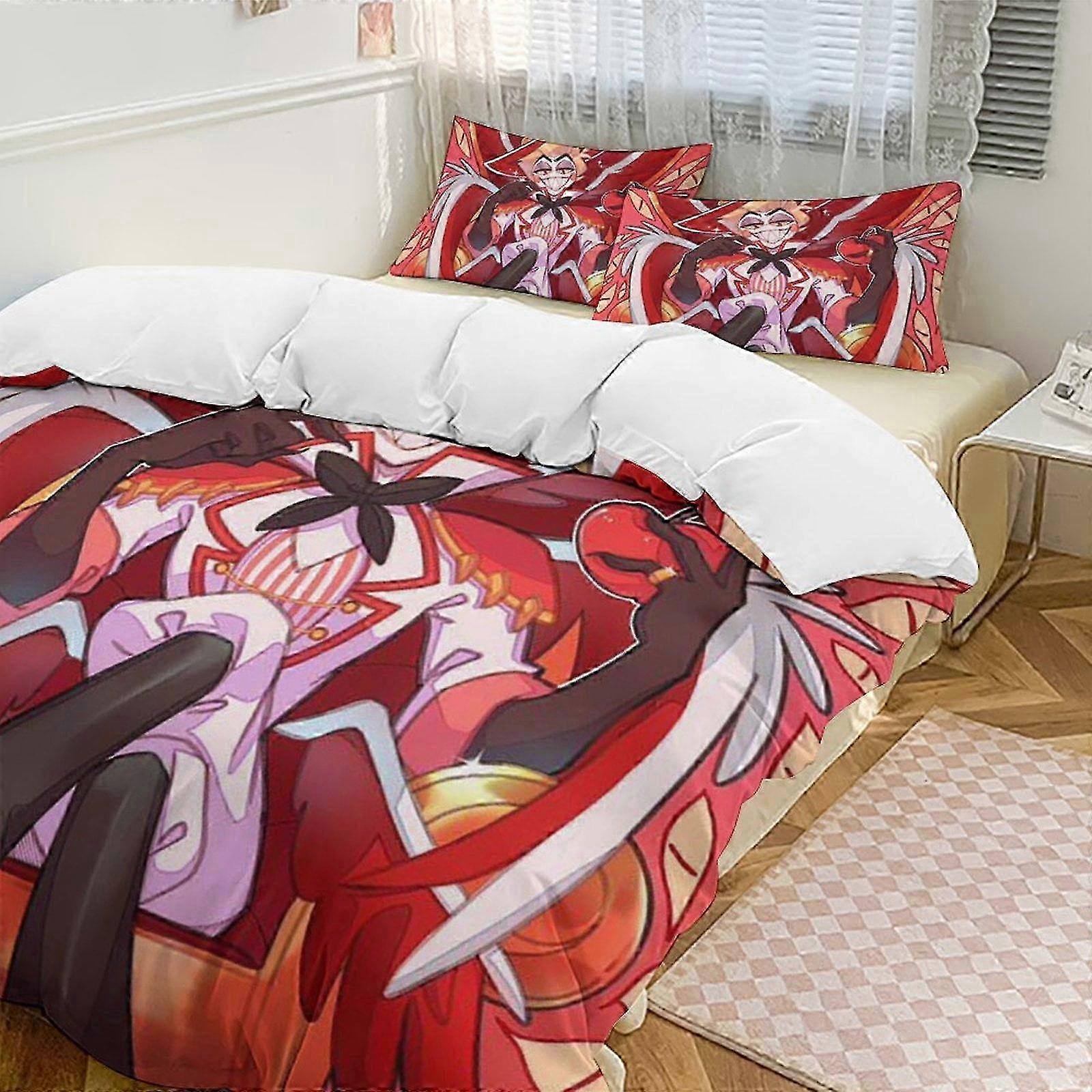 n1910 ملاءات سرير فندق Hazbin طقم سرير مزدوج من 3 قطع - يتضمن لحاف فردي وأغطية وسائد - ستوكات مقاومة للبهتان - Hazbin Hotel Lc 